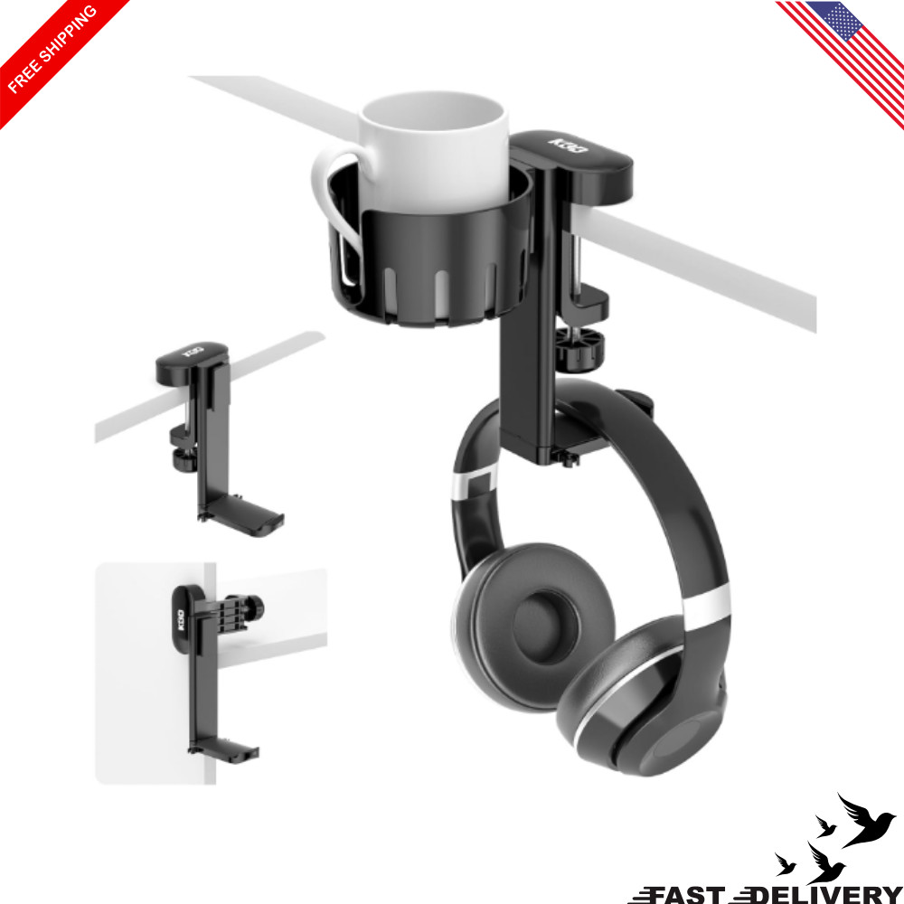 2in1 Headphone Hanger with Desk Cup Holder Under Desk Rotatable Headset Holder S