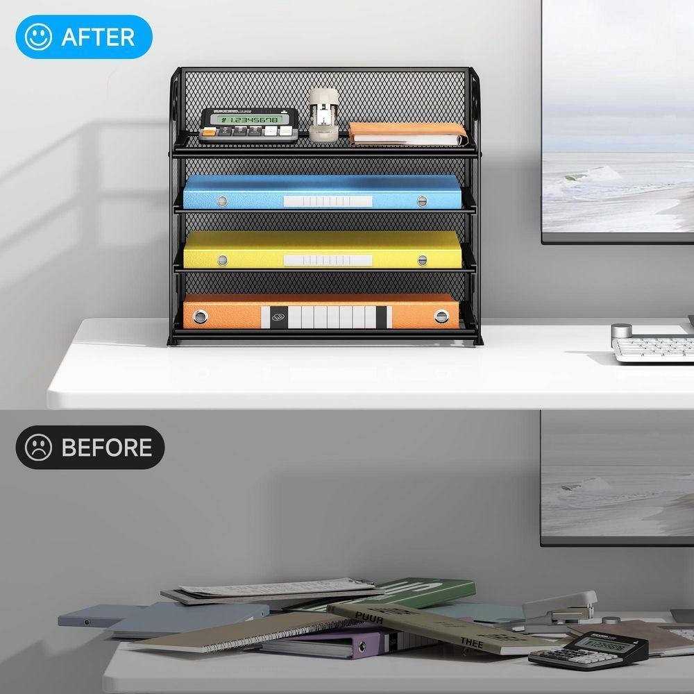 7.5 in X 12.8 in Black Metal Organizer for Desk, 4-Tier Desk Organizer Tray, Mes