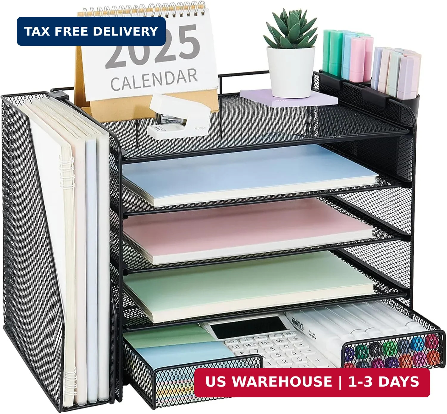 OPNICE Desk Organizer, 5-Tier Desktop File Organizer with Drawer and Pen Holders