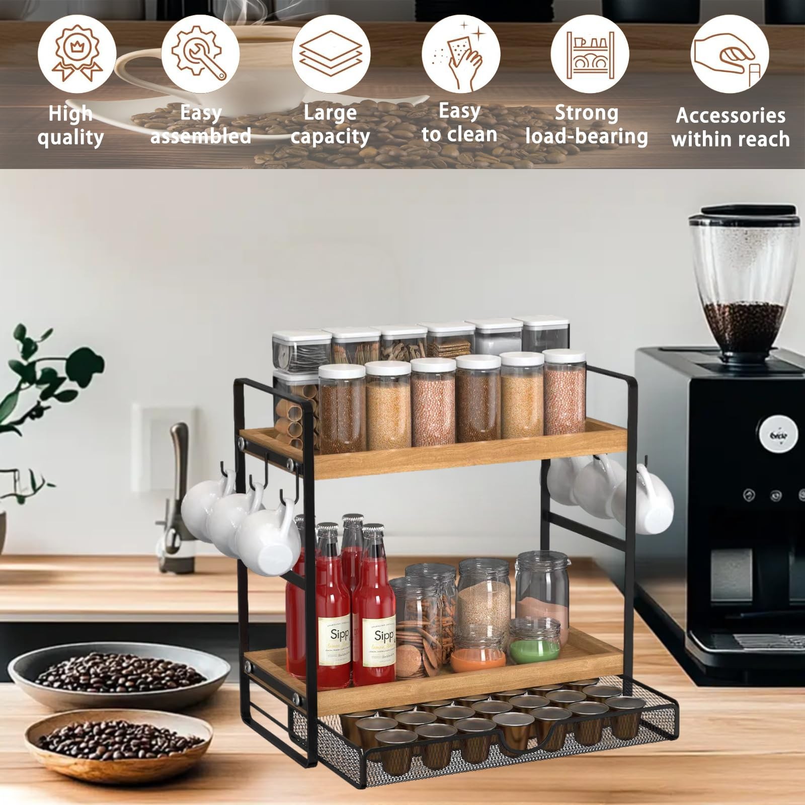 LEMIKKLE Coffee Station Organizer with Pod Holder Large storage, Light Brown