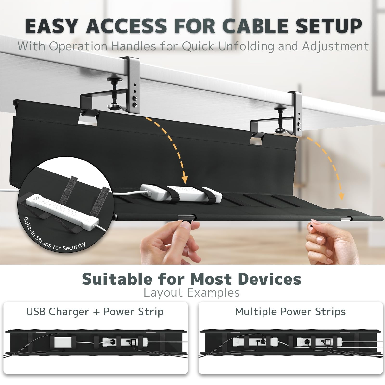 No Drill Under Desk Cable Management Tray – 36″ Clamp/Screw 36″W, Black