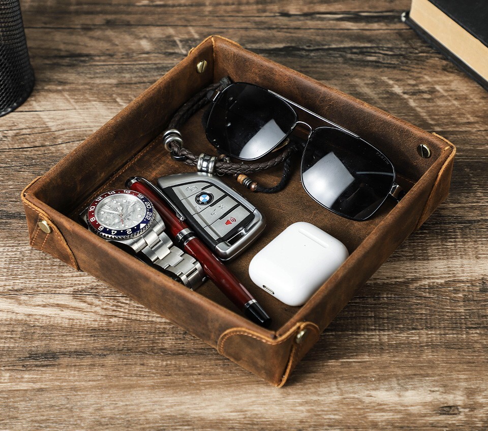 Genuine Leather Storage Tray Valet Tray Desktop Organizer For Keys Cable Sundry