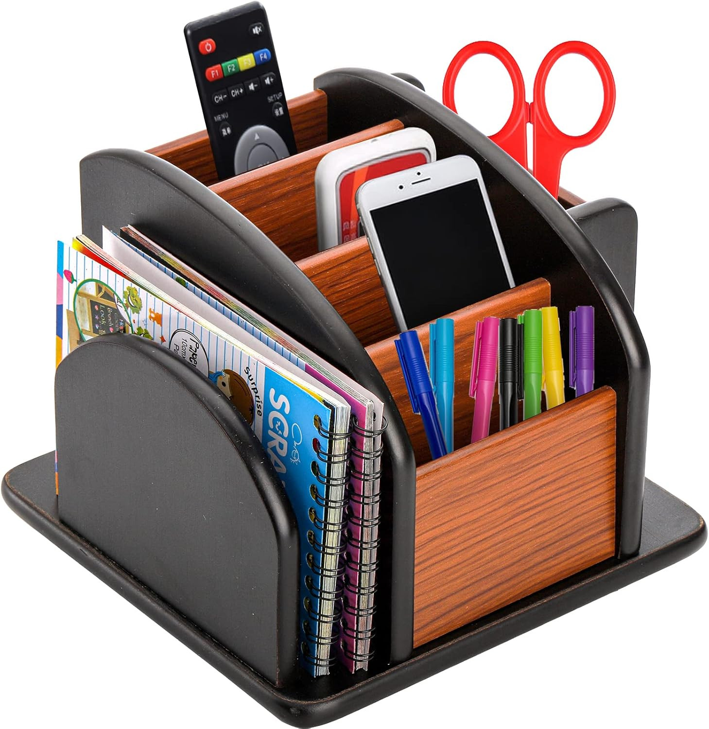 DEAYOU Wood Remote Control Holder for Table, Revolving Office Desktop Organizer