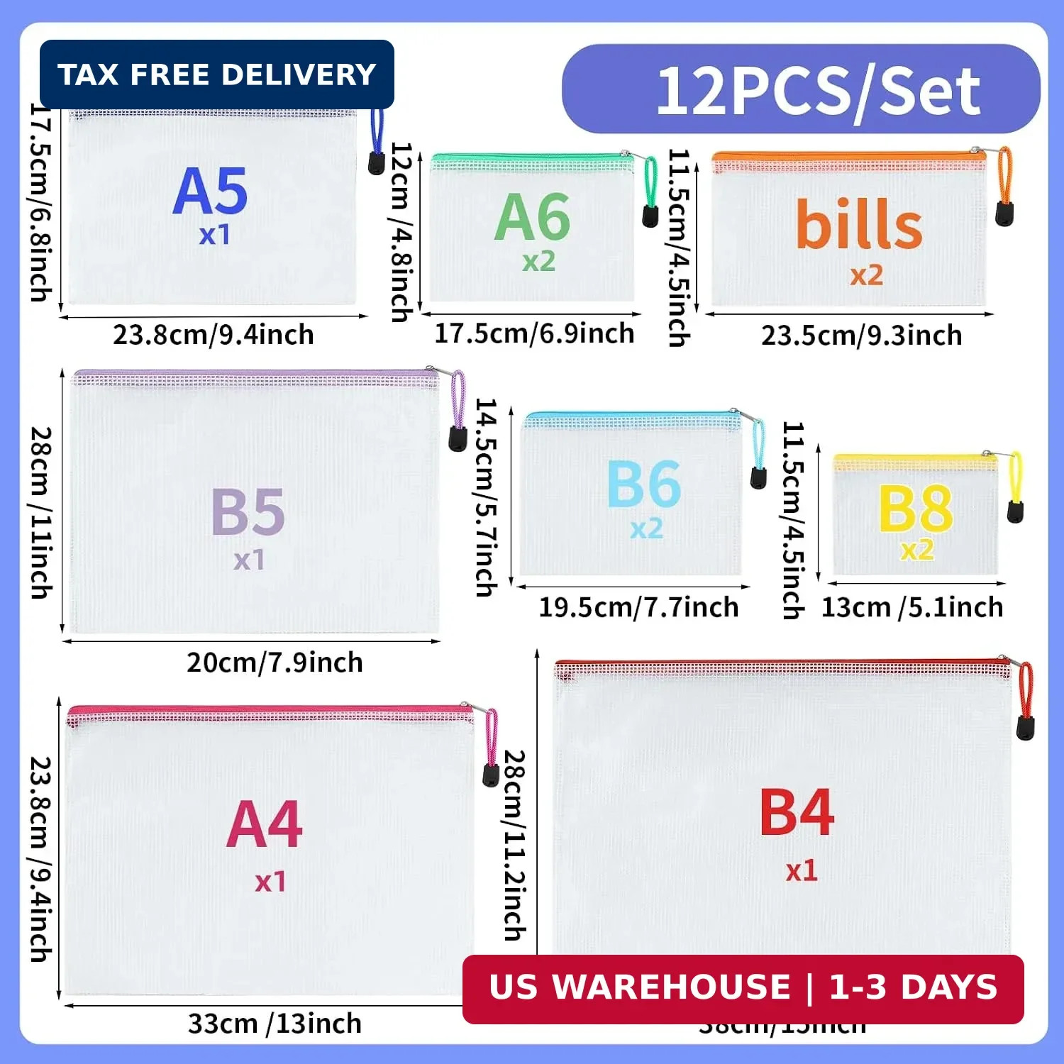 12pcs Mesh Zipper Pouch Bags, 8 Size Zipper Bags for Organizing,Mesh Bags with Z