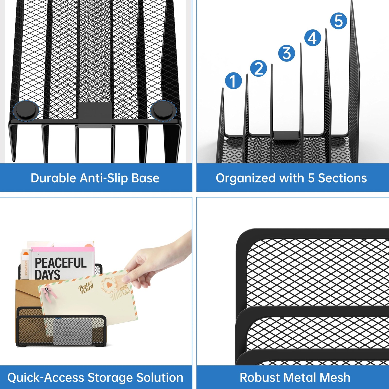 Black Metal Mail Holder for Desk 5-Slot File Holder Letter Sorter Organizer