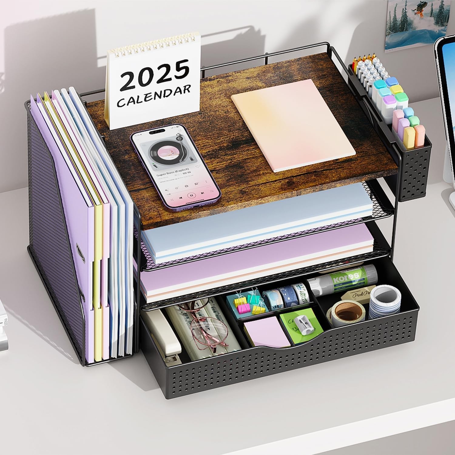 Wood Desk Organizers and Accessories with File Holder, 4-Tier Desk Accessorie…