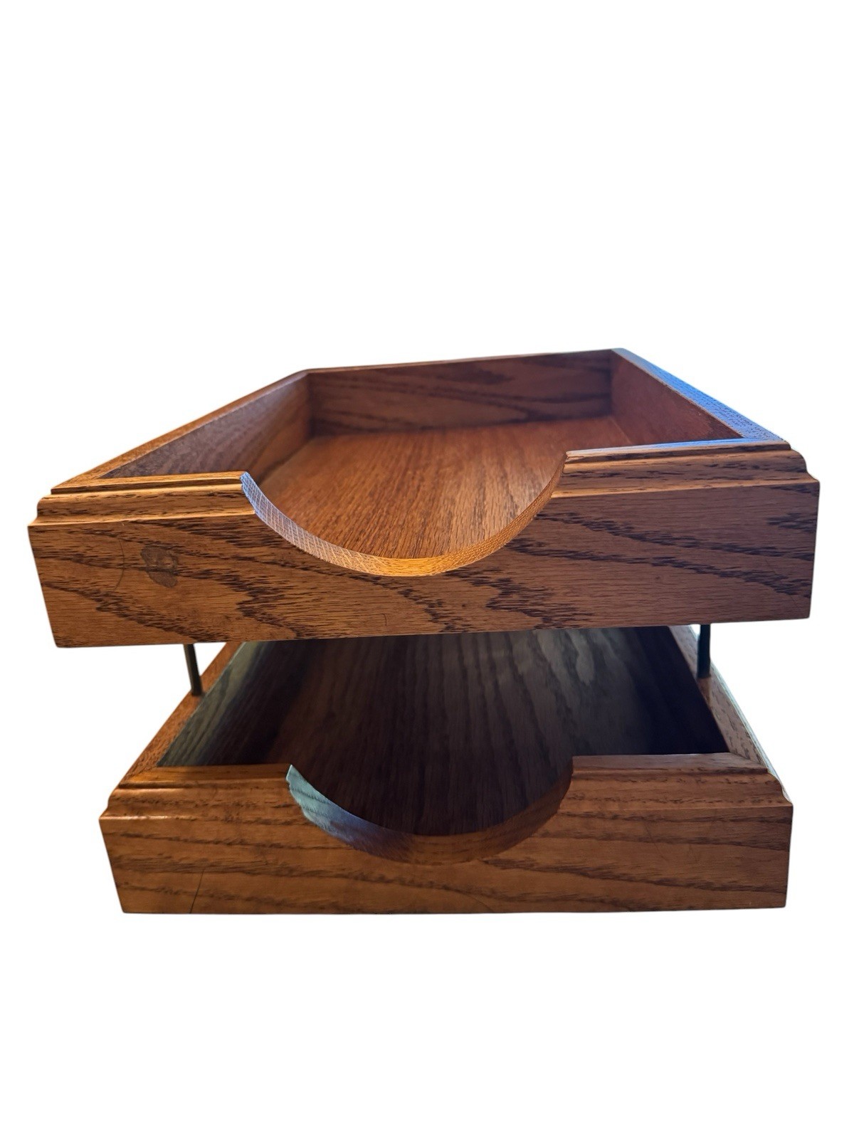 Mid Century Vintage Solid Oak 2 Tier Legal Letter Document Tray Desk Organizer