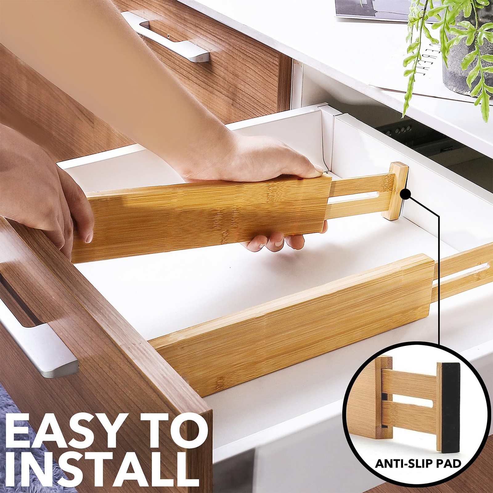 SpaceAid 4 Pack Bamboo Drawer Dividers with Labels, 17″ – 22″, NATURAL