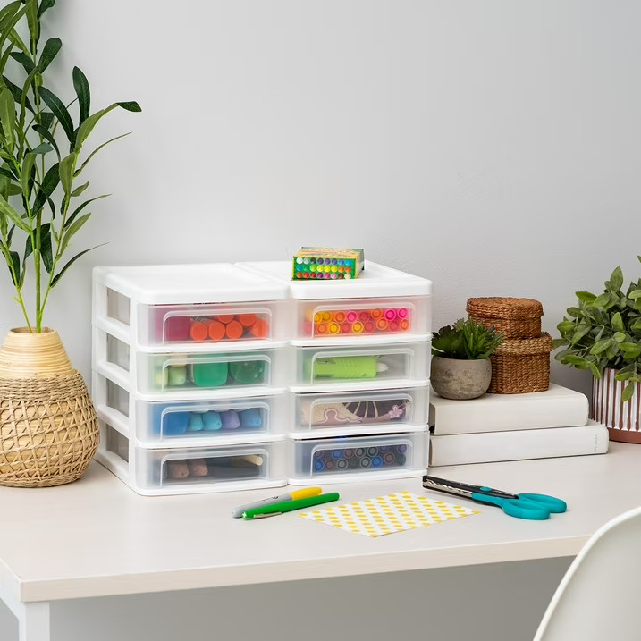 IRIS Small 4-Drawer Compact Desktop Organizer, Stacking Desktop Unit, White-Clea