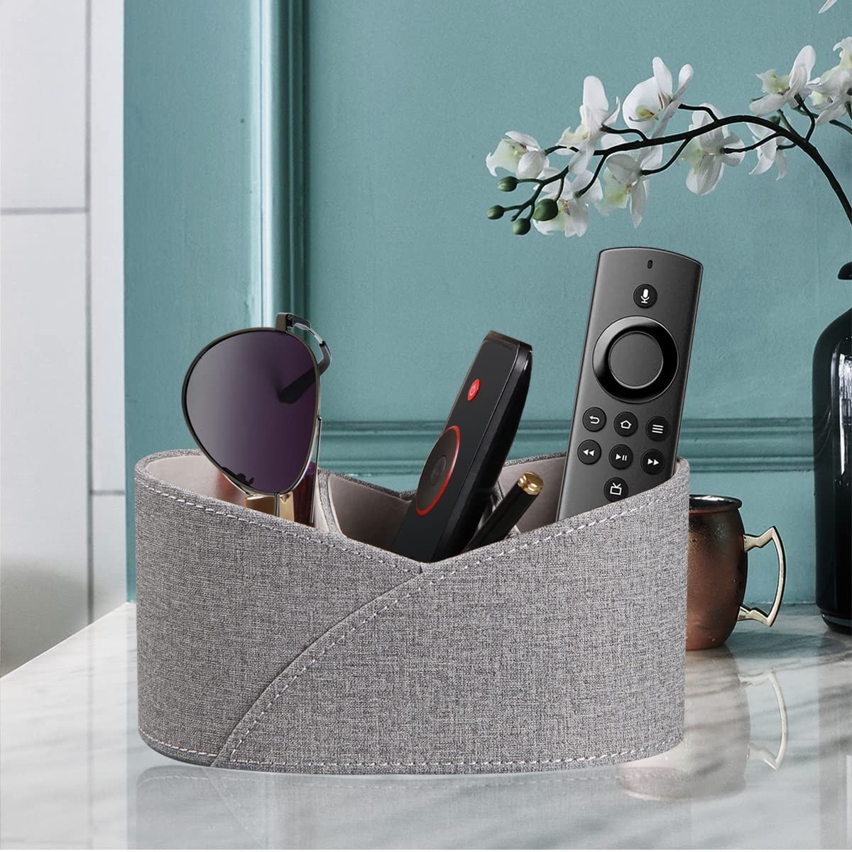 Grey PU Leather TV Remote Control Holder Desk Nightstand Caddy 3 Compartments