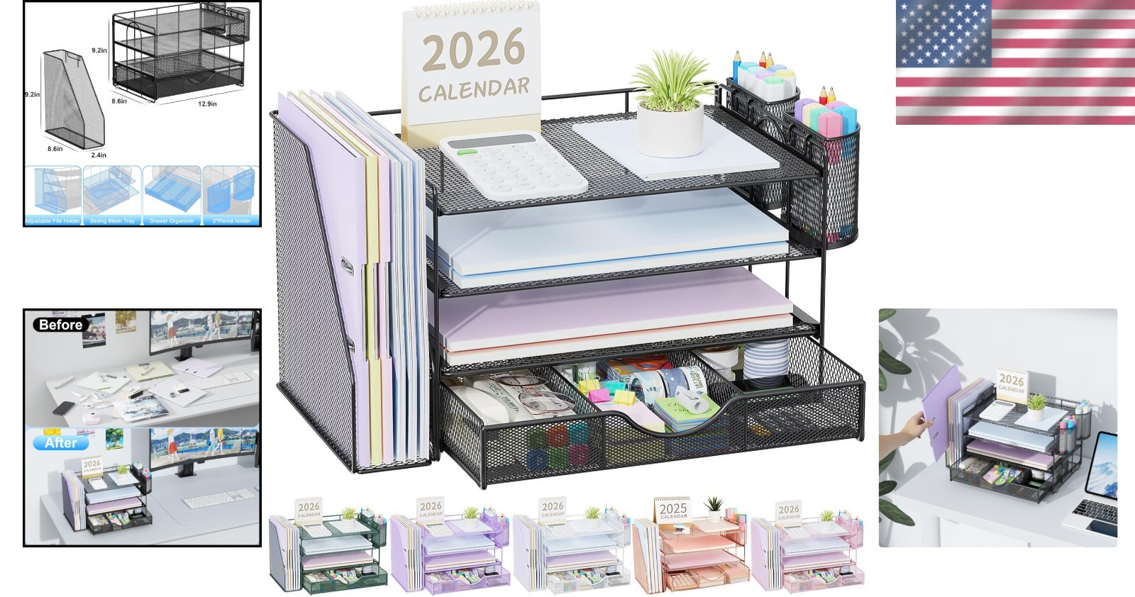 Durable Rust Resistant Black Desk Organizer with Drawer & Pen Holders, 4-Tier