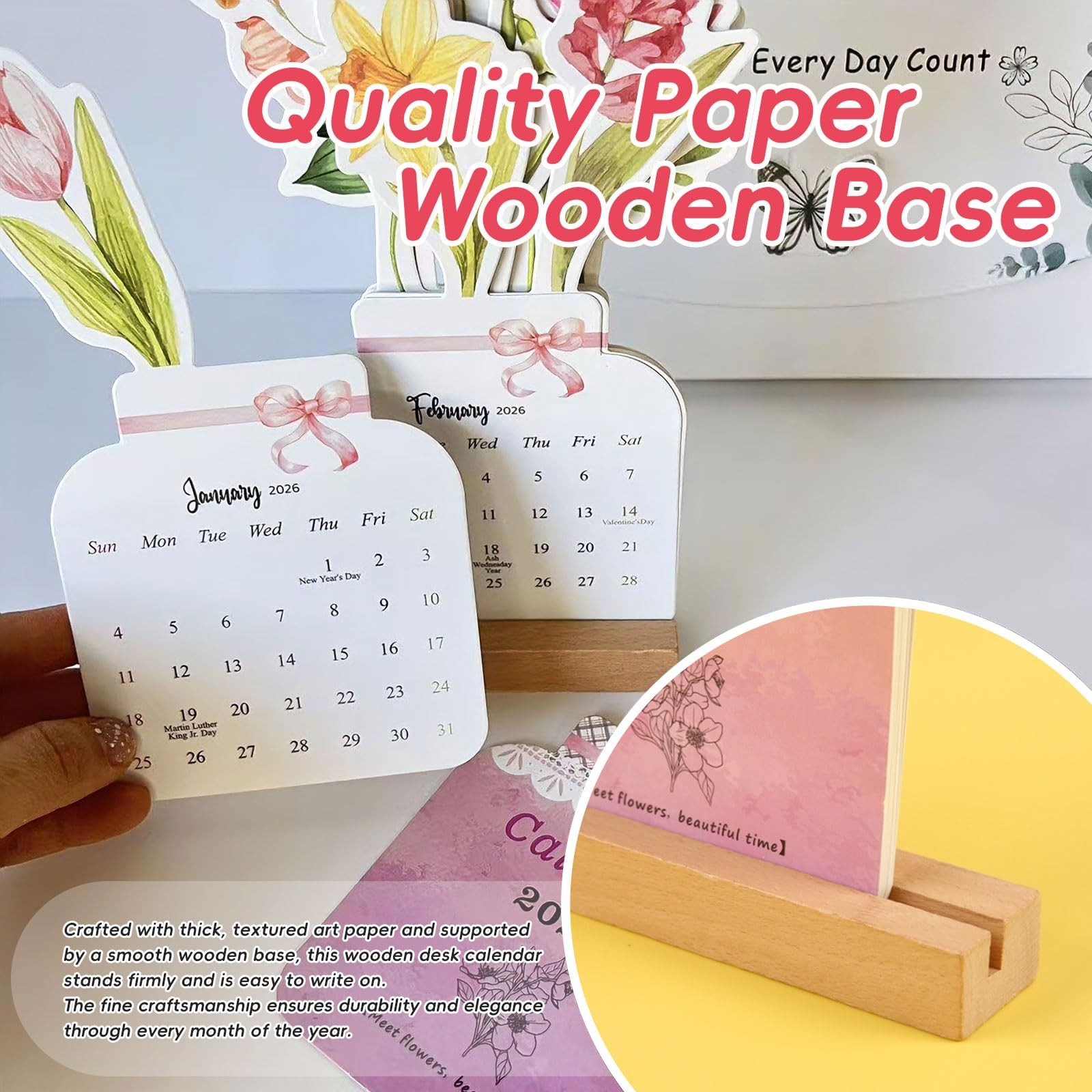 Bloomy Flowers 3D Floral Desk Calendar 2026, Pop Up 3.9″W x 8.5″H, white