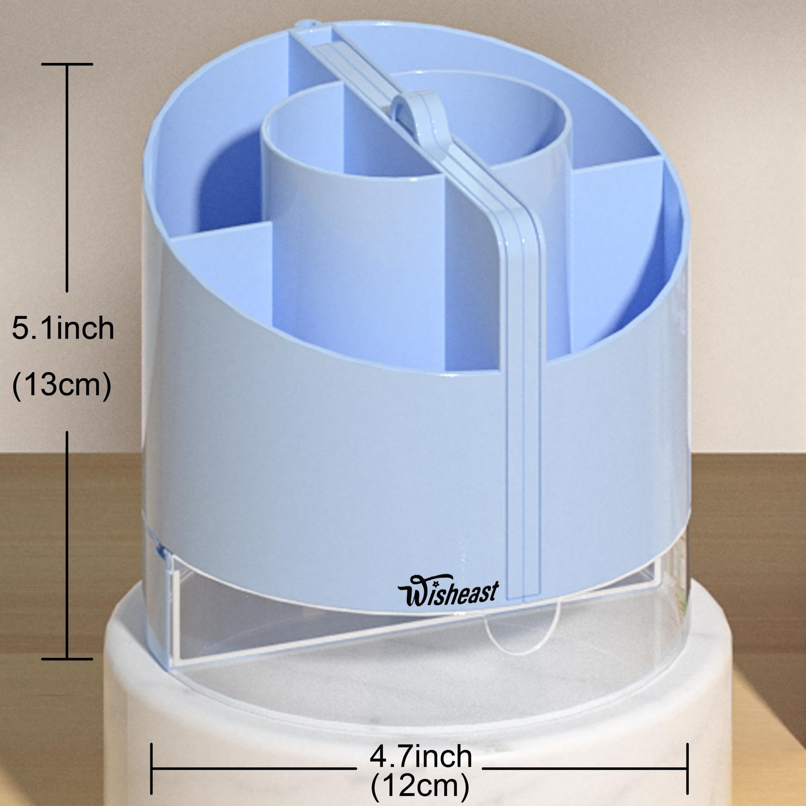 WISHEAST Desk Pencil Pen Holder with Calculator, Mirror, 7 Slots 180° Blue