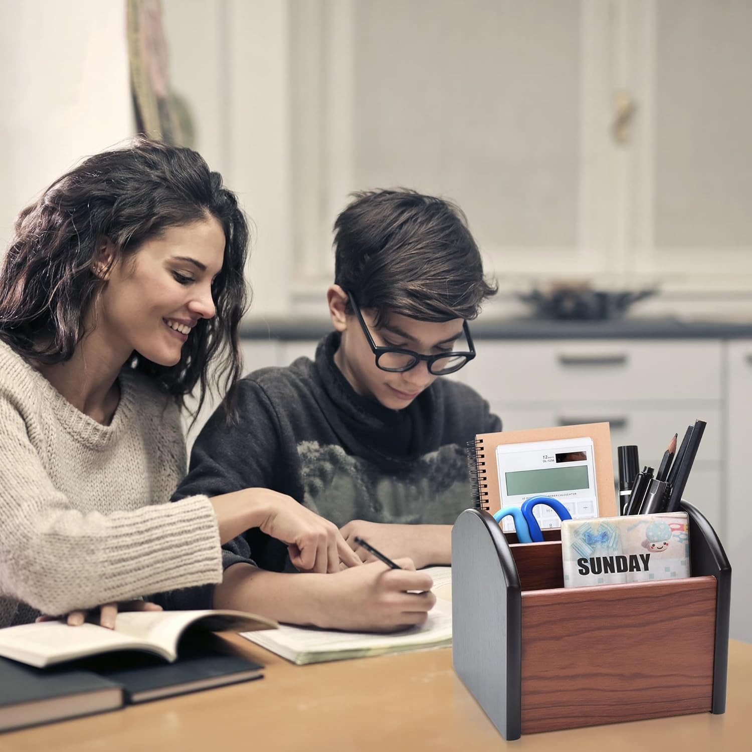 Siveit Wooden Desk Organizer, 4 Compartment Revolving Wood Desktop Organizer