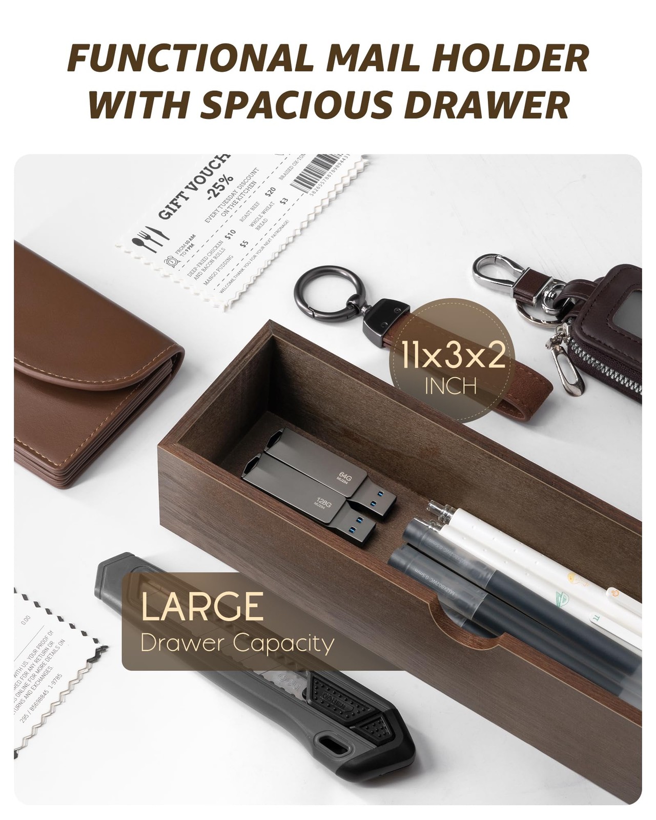 Farmhouse Wood Mail Organizer Wall Mount – Key and Mail Holder for Wall with Sto