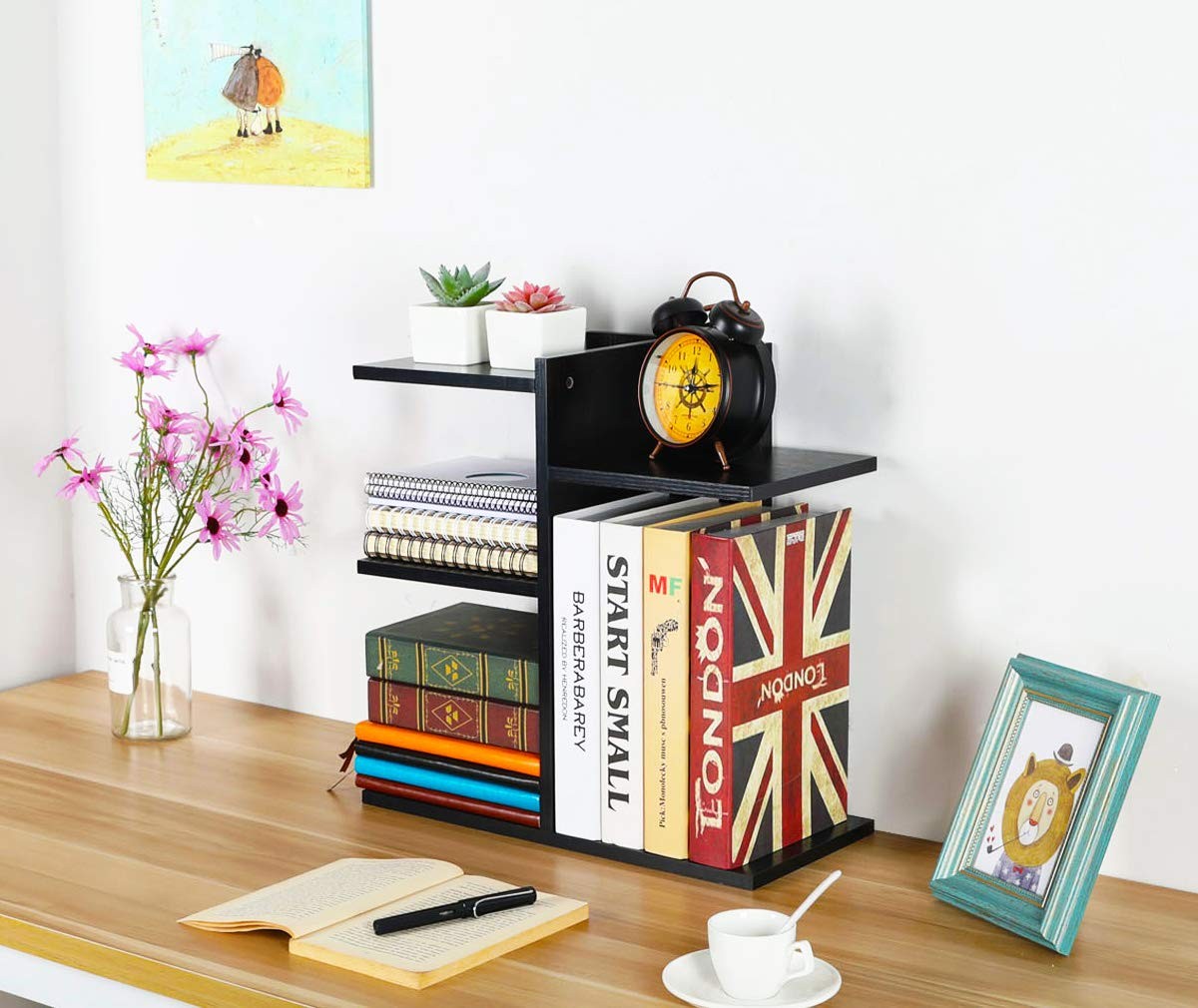 PAG Wood Desktop Shelf Small Bookshelf Desk Supplies Style 5, Black