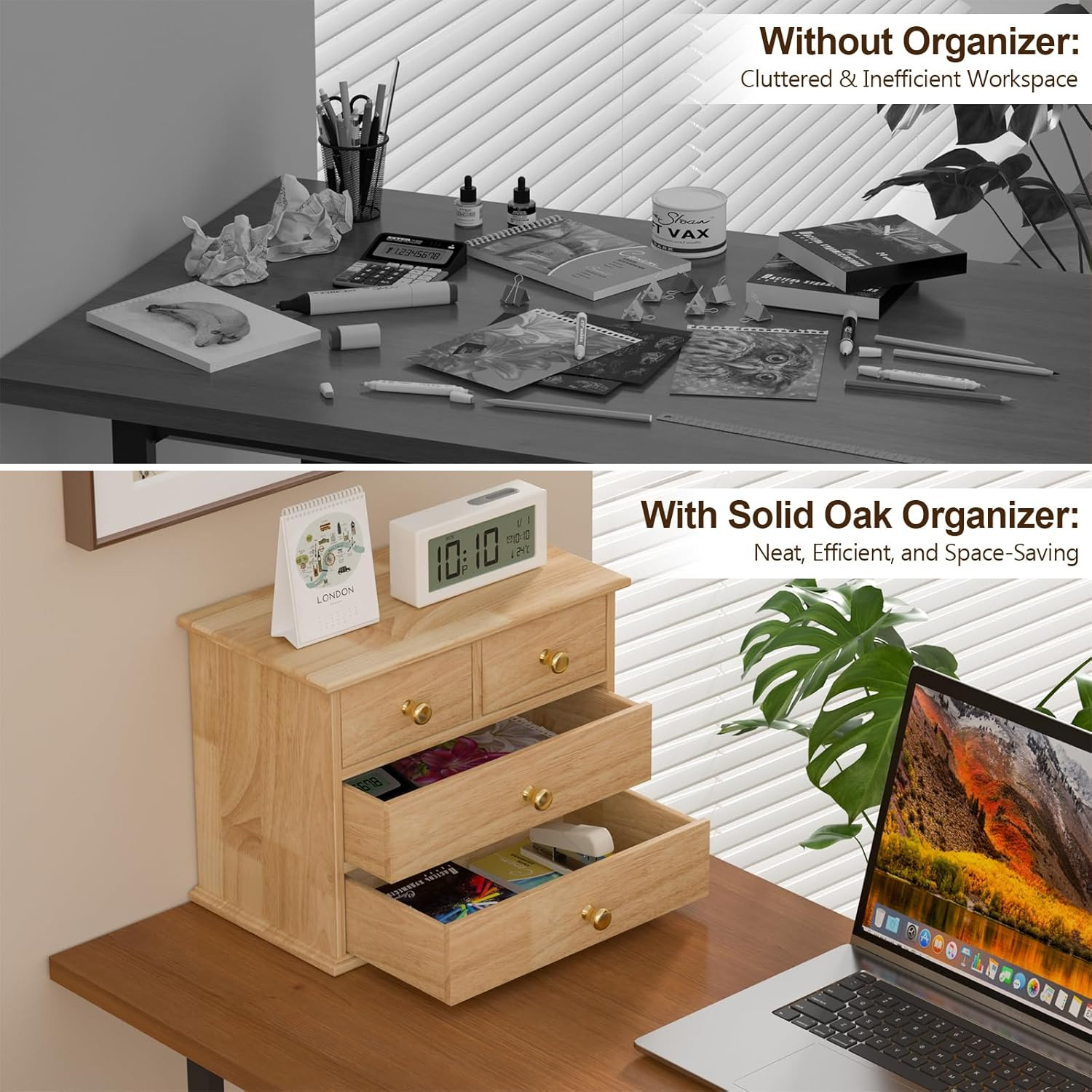 Oak Desk Organizer with Drawers, Durable Wooden Desktop Storage Box with Metal H