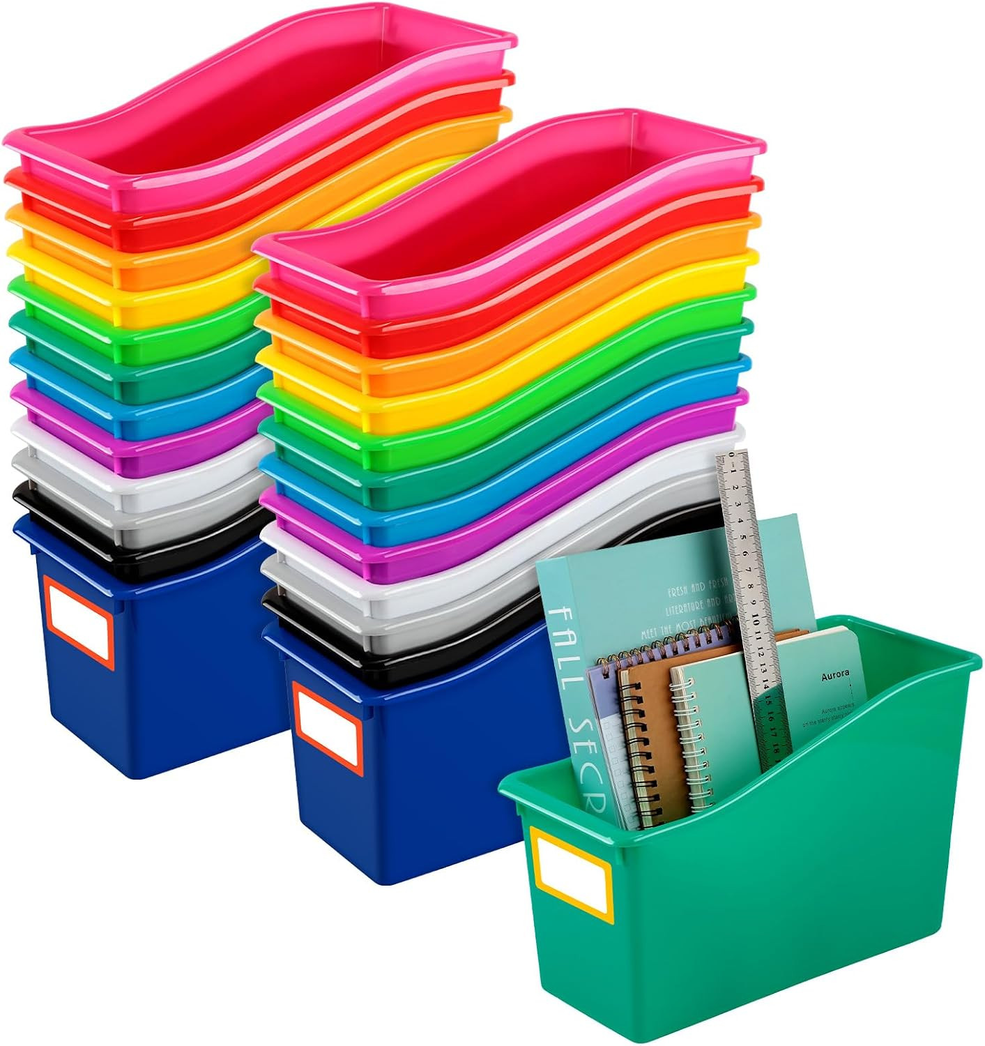 Jinei 24 Pack Multicolor Book Bins for Classroom Decor Bulk Plastic Bins with Na