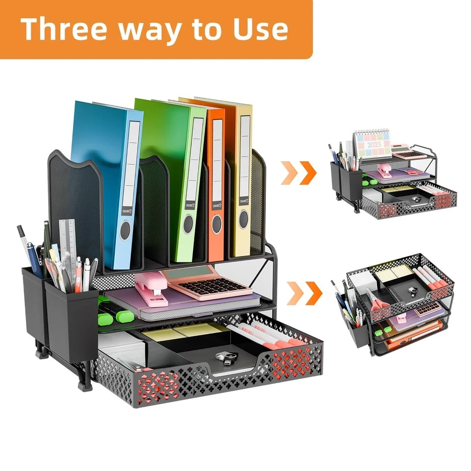 Desk File Organizer with Sliding Drawer Metal Mesh Double Tray and 5 Upright