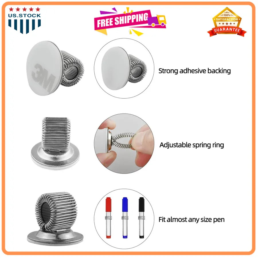 8 Pcs Adjustable Spring Pen Holder Clips Self Adhesive Manganese Steel Silver