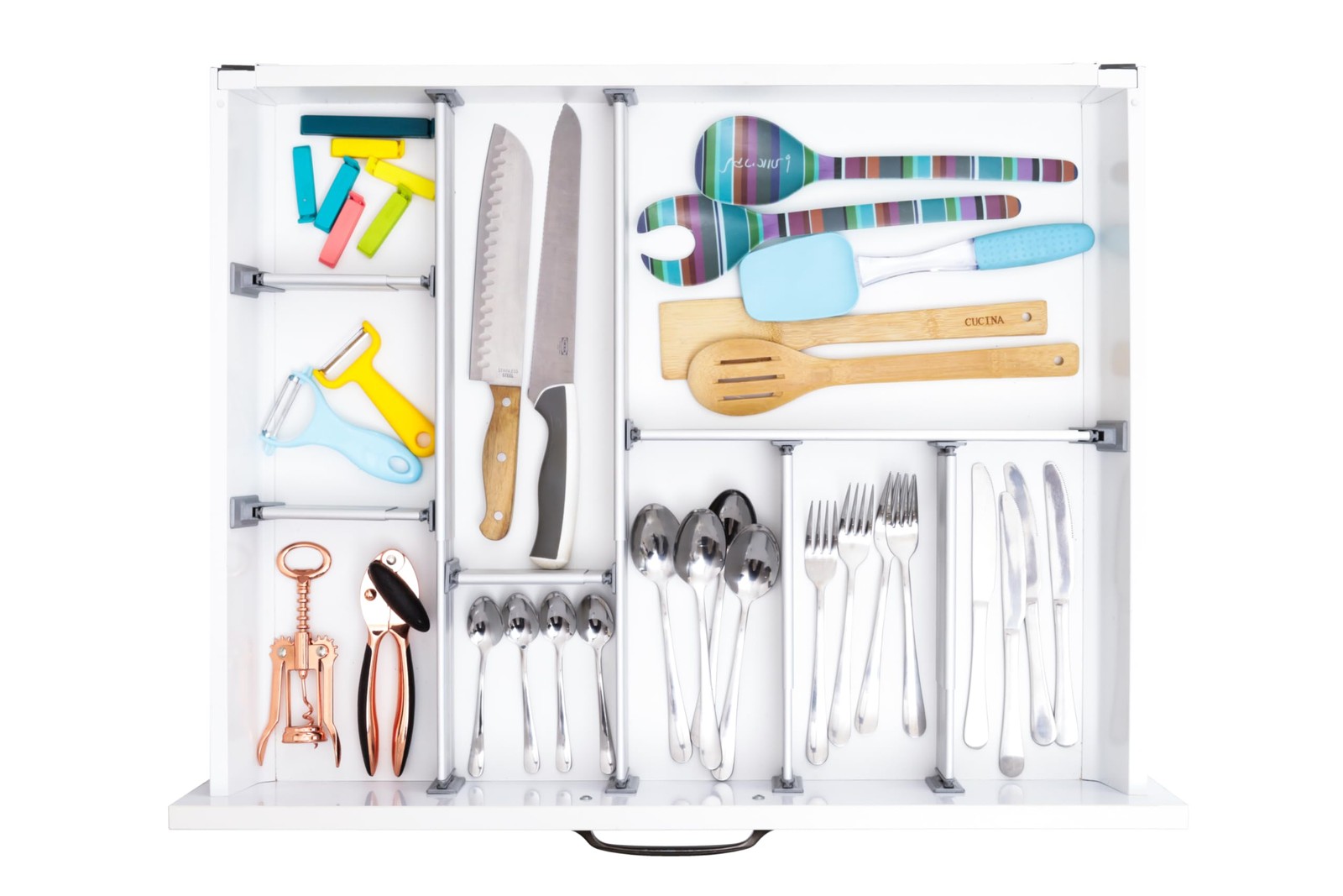 Custom Drawer Organizer 6 Adjustable Aluminum Dividers, Gray – For Kitchen, B…