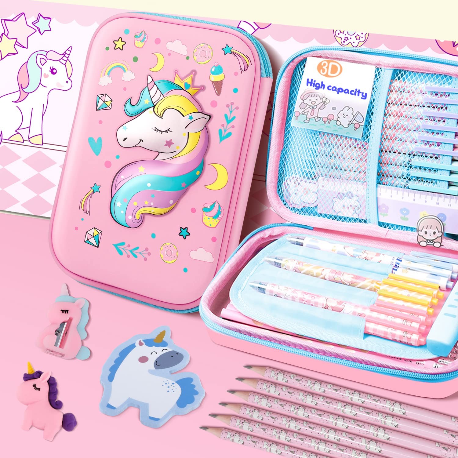 Pencil Case for Girls,Cute Unicorn Stationary Set for Kids,3D EVA School Larg…