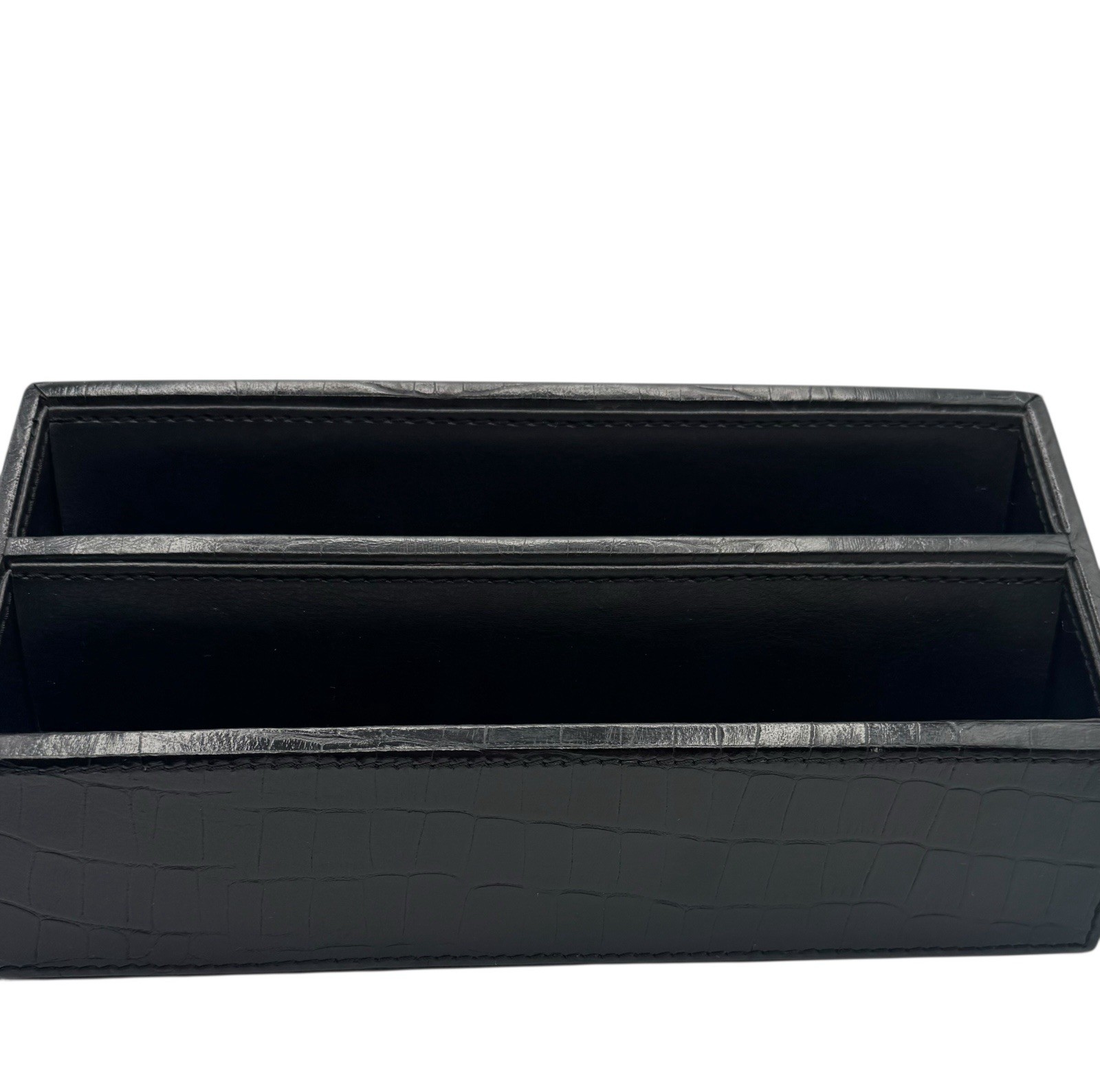 Black Leather Mail Sorter Desk Organizer Croc Embossed Letter File Home Office