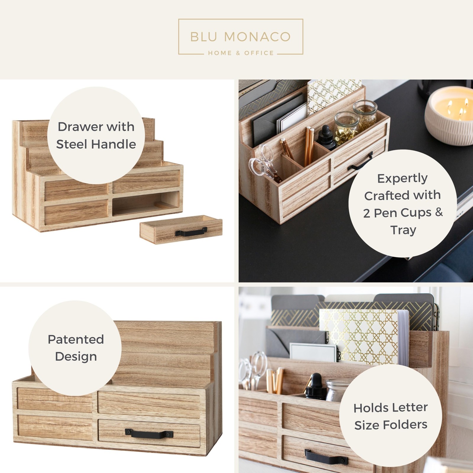| Natural Wood Mail Organizer with Drawer & Pen Holder | Rustic Desk Organize…