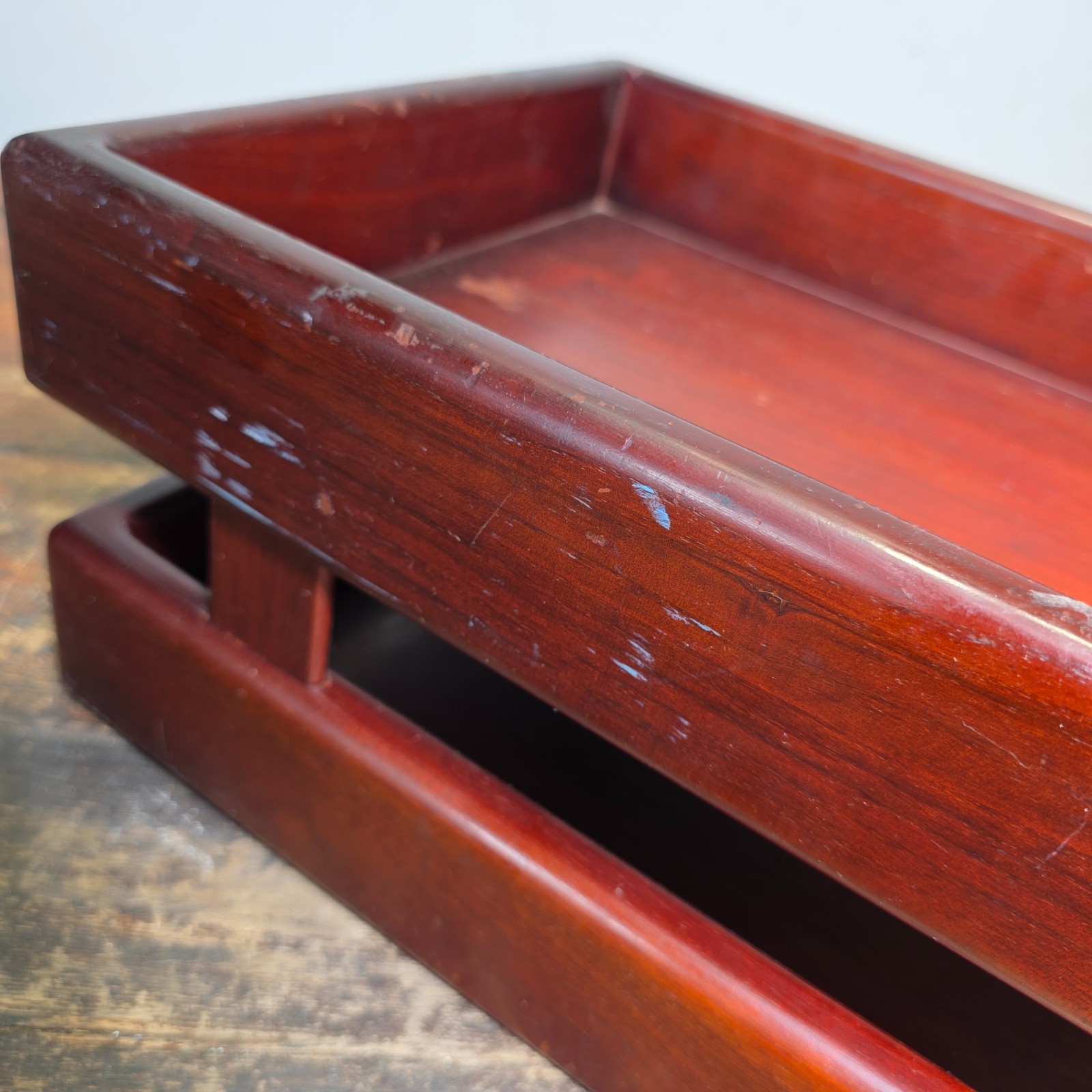 Vintage Wood 2 Tier Letter Tray Desk Organizer Mid Century Modern Rustic Style