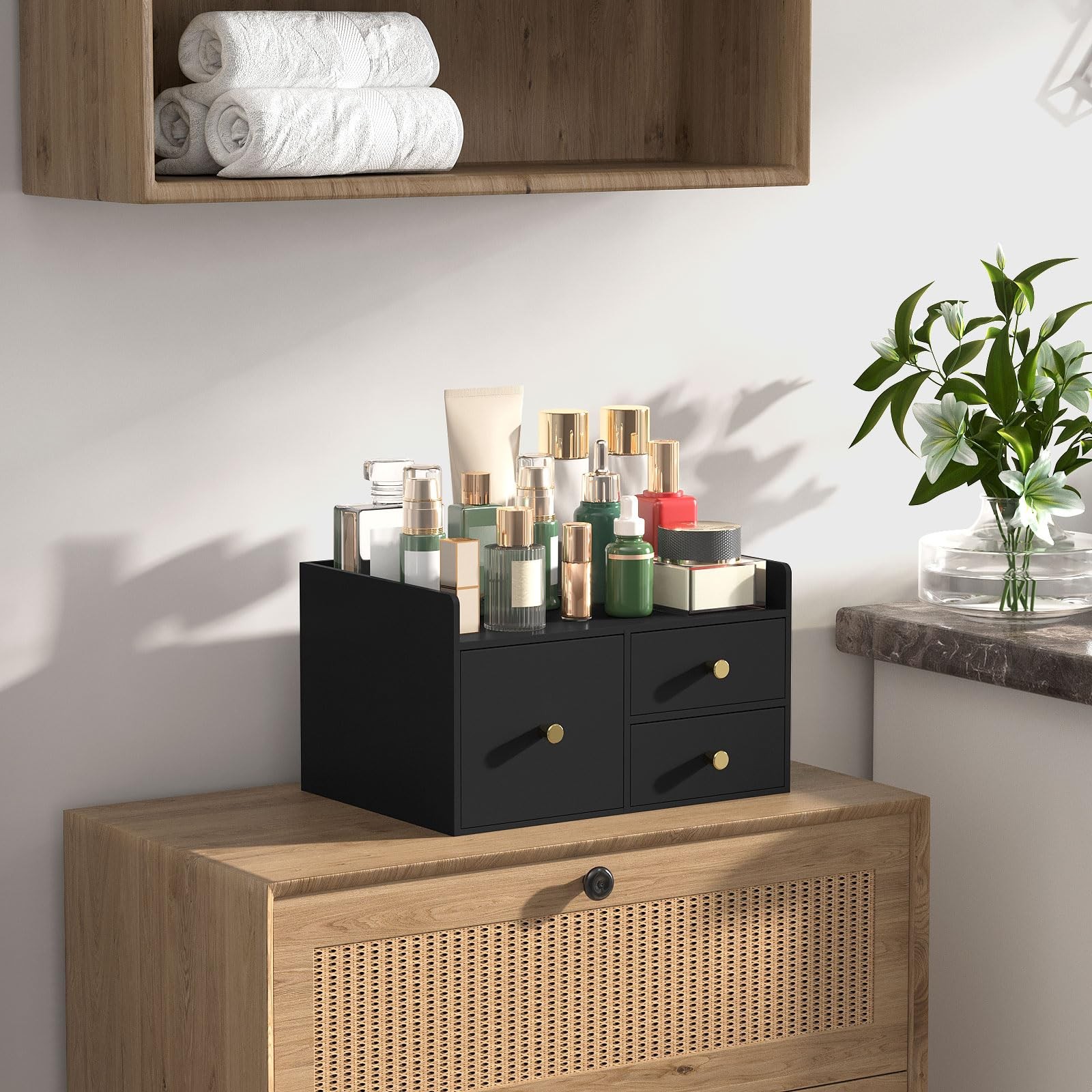 Bamboo Desk Organizer with Drawers Wooden Desktop Storage Organization Box fo…