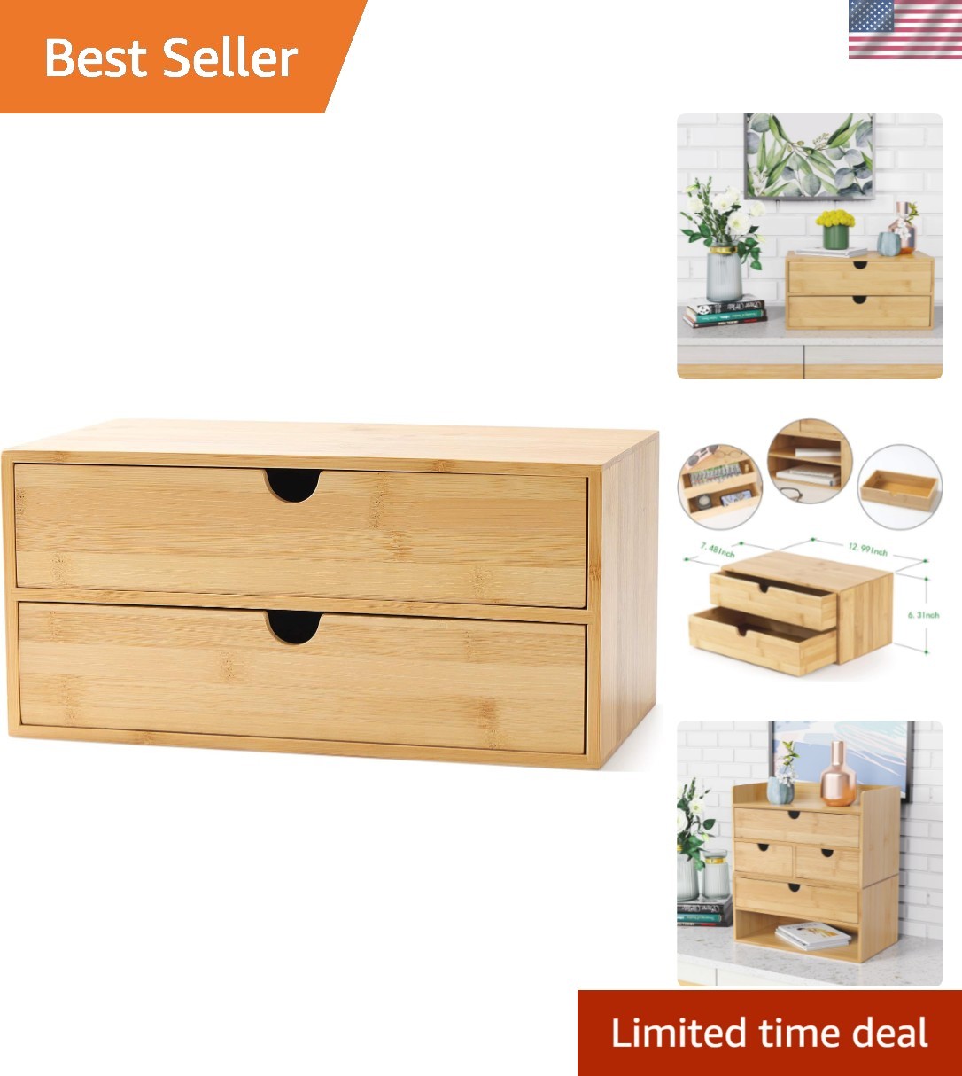 Bamboo Desk Drawer Organizer, Desktop Organizer with Drawers Tabletop Storage…