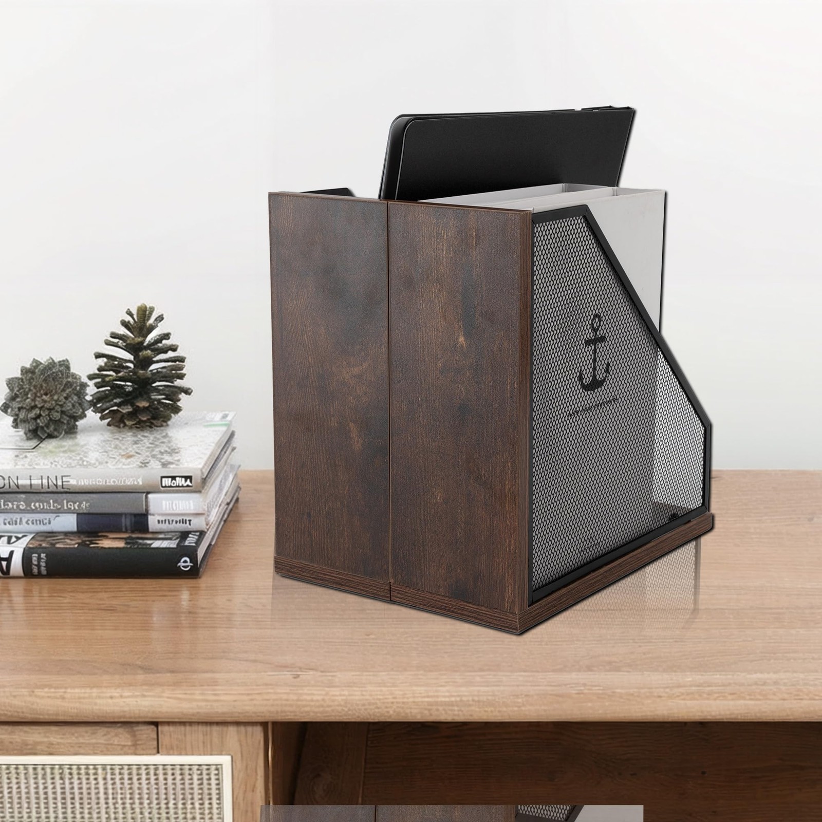 2 Pack Antique Wooden Mesh Magazine File Holder Decorative Desk Box Black