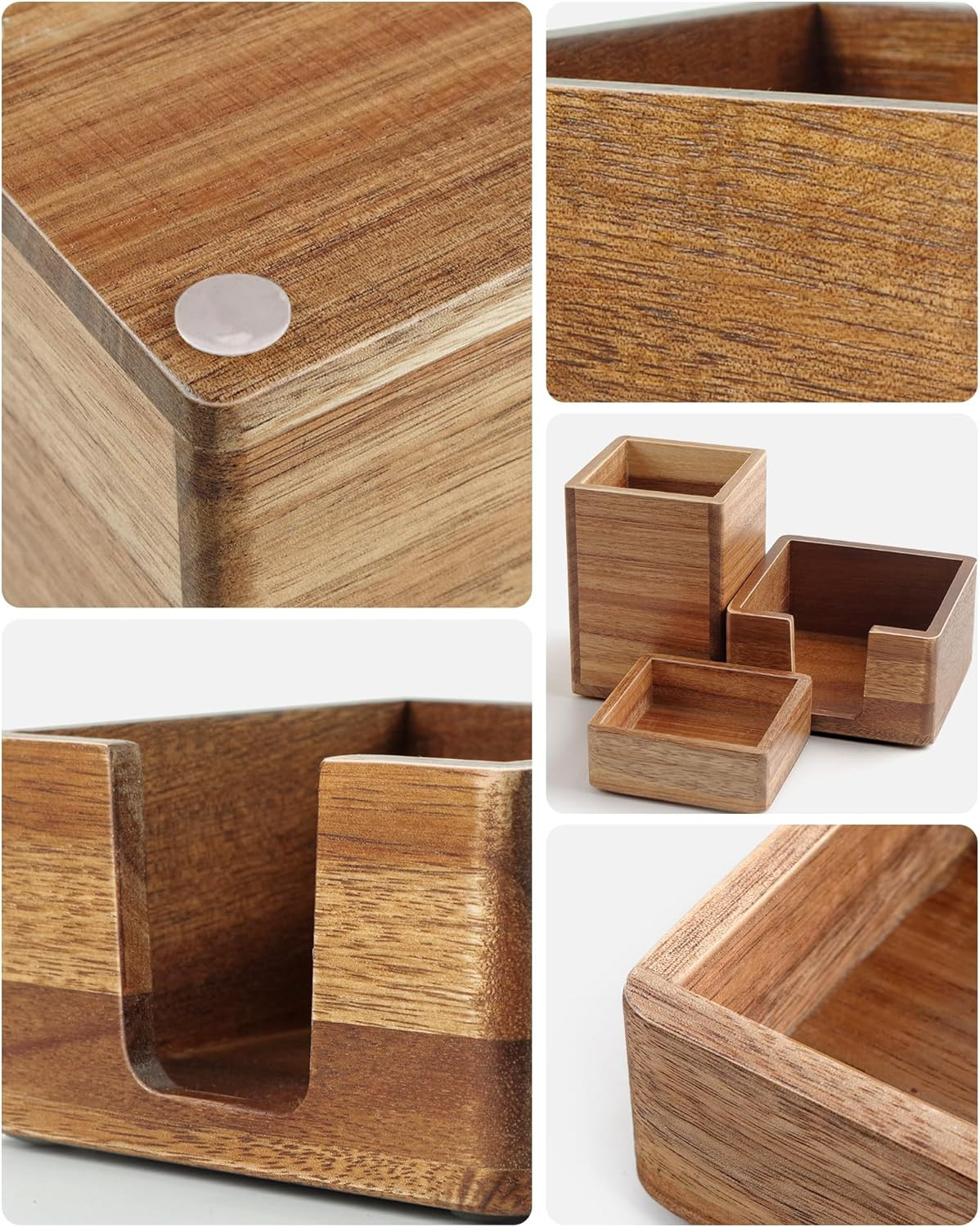 Acacia Wood Desk Organizer Set with Sticky Note Holder, Pencil Pen Cup & Paper C