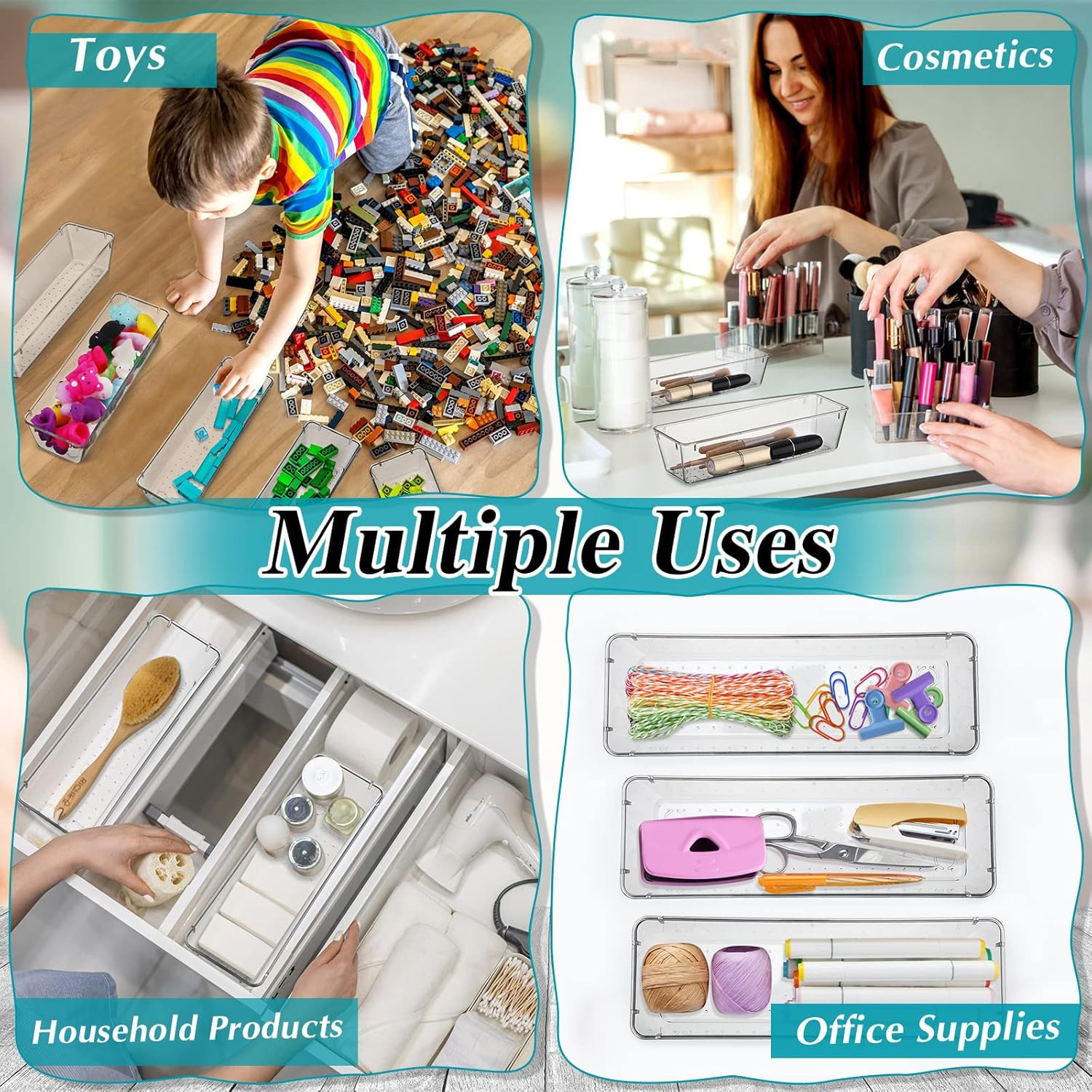 12 Pcs Clear Drawer Organizer 9 x 3 x 2 Inches Plastic Rectangle Trays Makeup Va