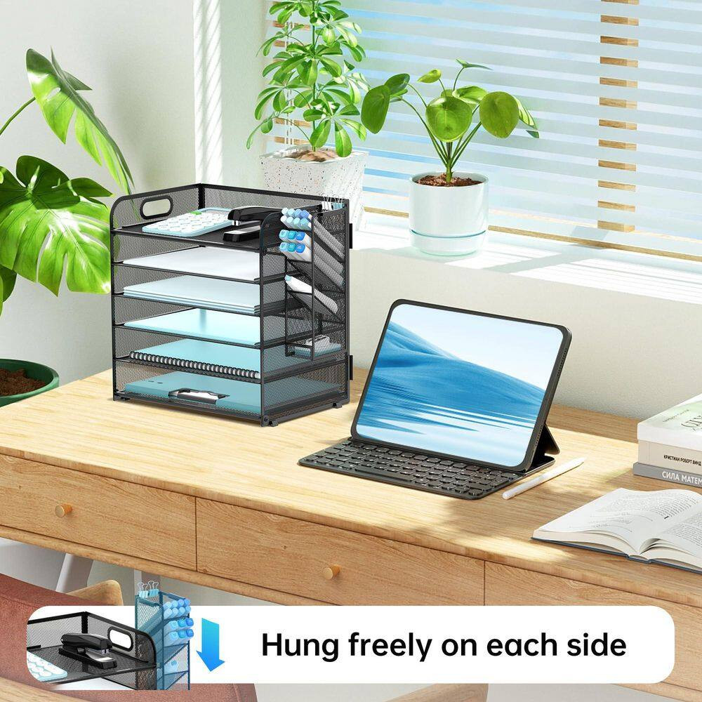 1-Pack 6 Tier Black Mesh Desk Organizer with 4 Pen Holders and Handle, Letter Tr