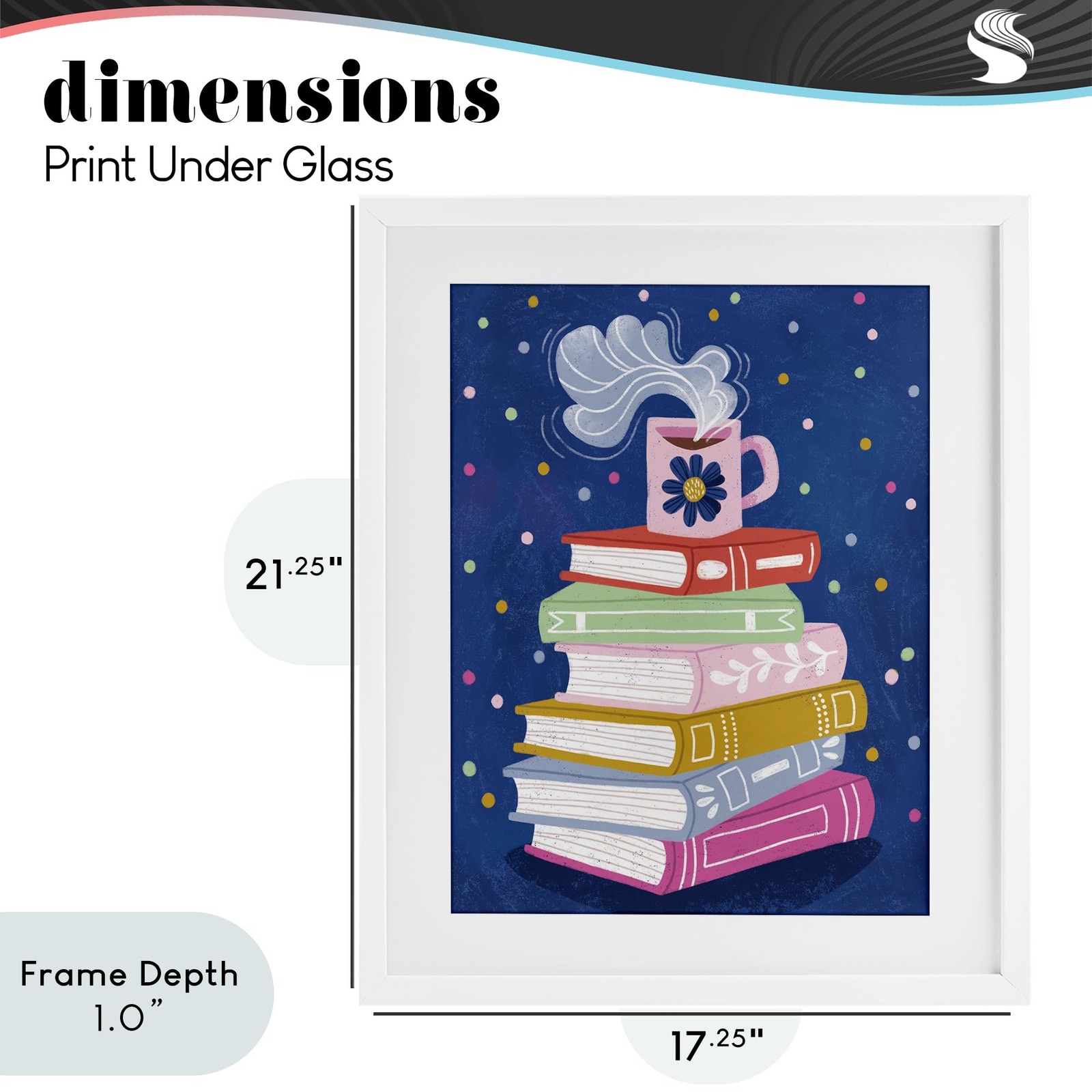 ‘Book Stack & Cozy Mug’, Framed Print Under Glass, White, 17 x 21 Inches, Eas…