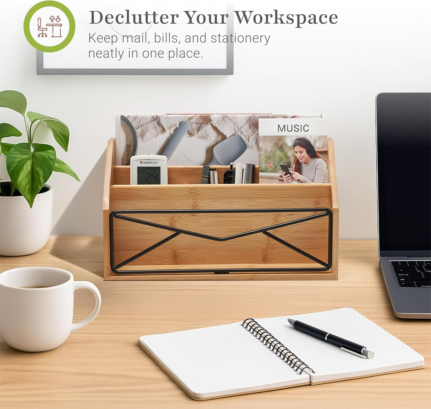 Bamboo Desk Organizer for Office and Home – Natural Bamboo Mail Organizer for Co