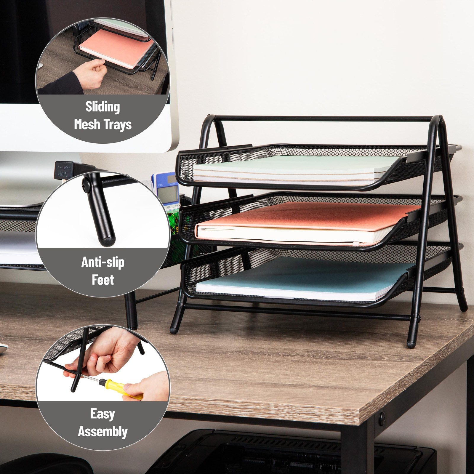 Mind Reader 3-Tier Paper Tray Desktop Organizer File Storage Office Metal Mesh