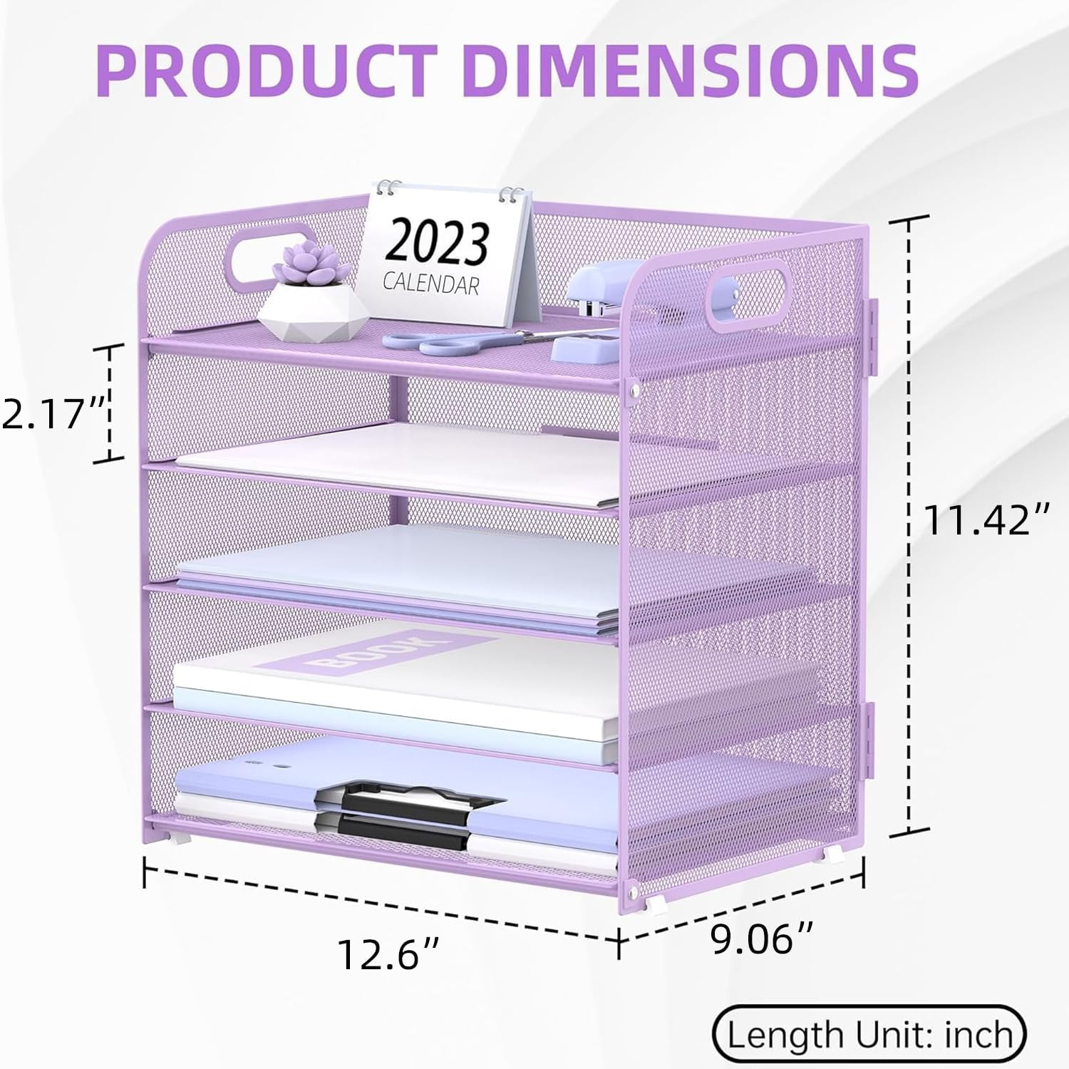 2 Pack 5-Tier Purple Desk Organizer with Handle Mesh Desk File/Paper Organizer L