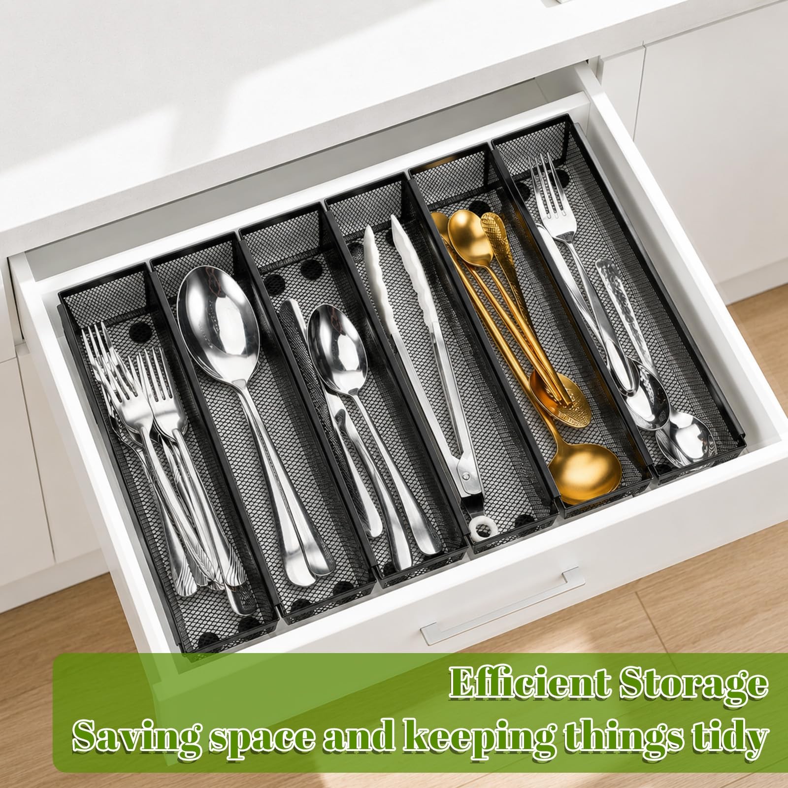 KongTiva 6 Pcs Utensil Drawer Organizer for Kitchen, Mesh Silverware Black