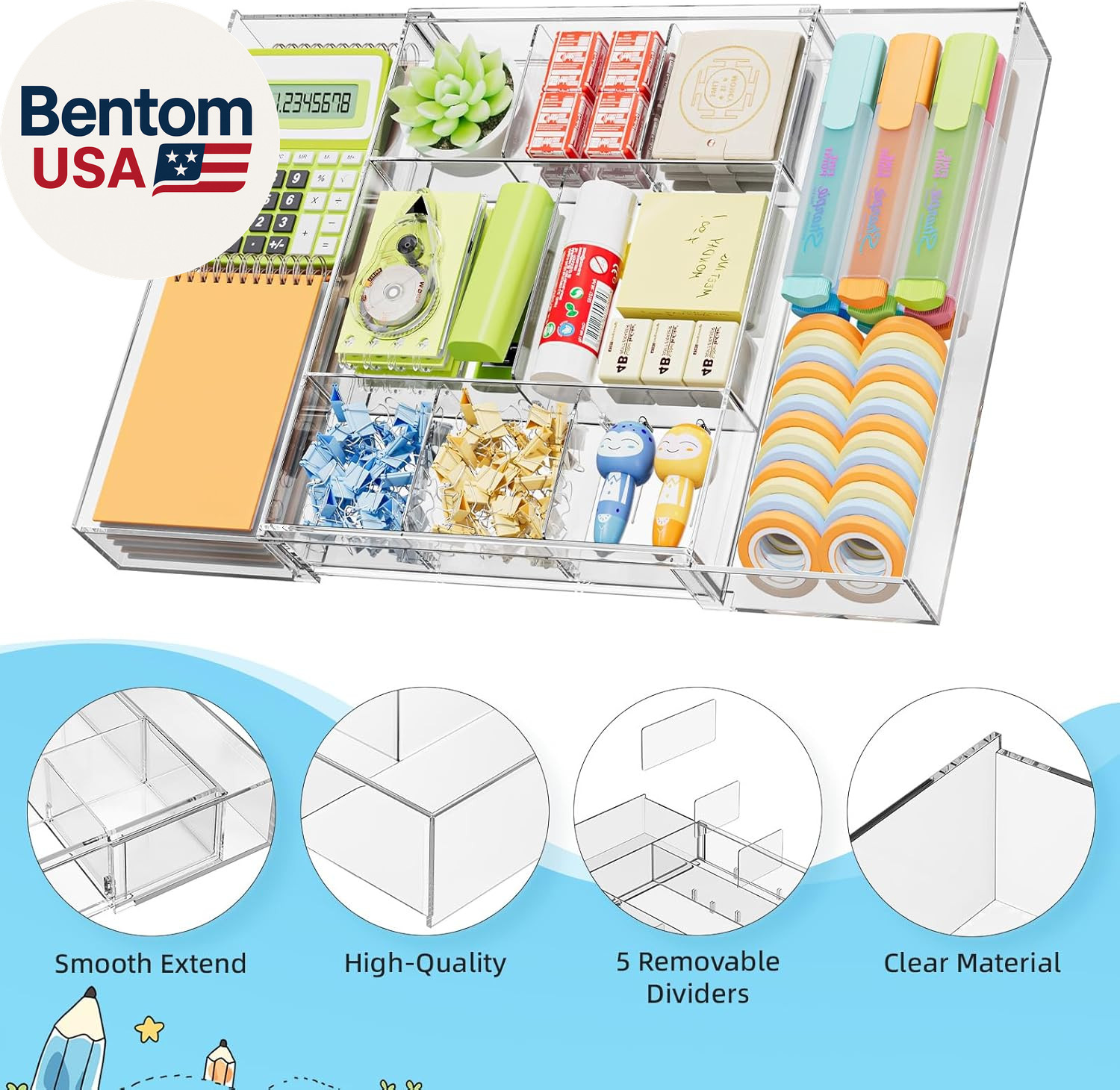 Expandable Desk Drawer Organizer, Clear Plastic Drawer Organizer Tray with 10 Ad