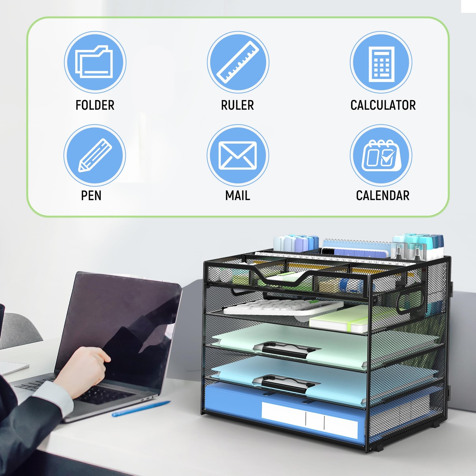 Docnest 5 Tier Mesh Desk Organizer with Adjustable 12.6 x 9.1 x10.3, Black
