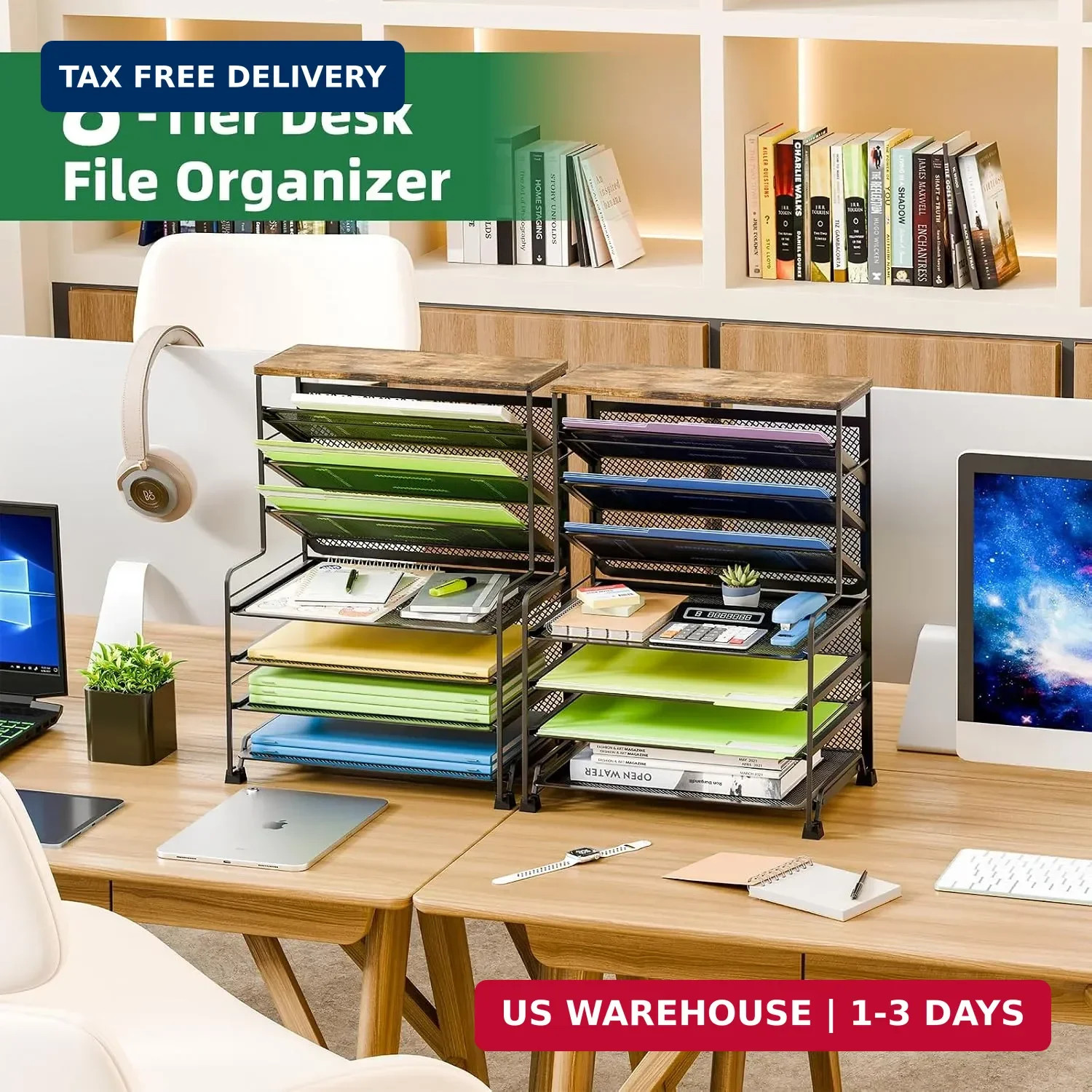 Simple Trending 8-Tier Desk File Organizer for Office, Home or School, Black