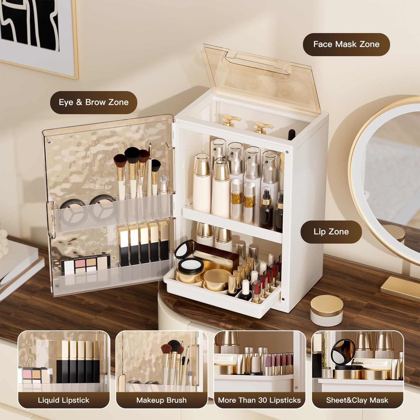 AERCIINC Makeup Organizer with Drawers and Lid, 9.9”L × 7.3”W × 7.9”H, White