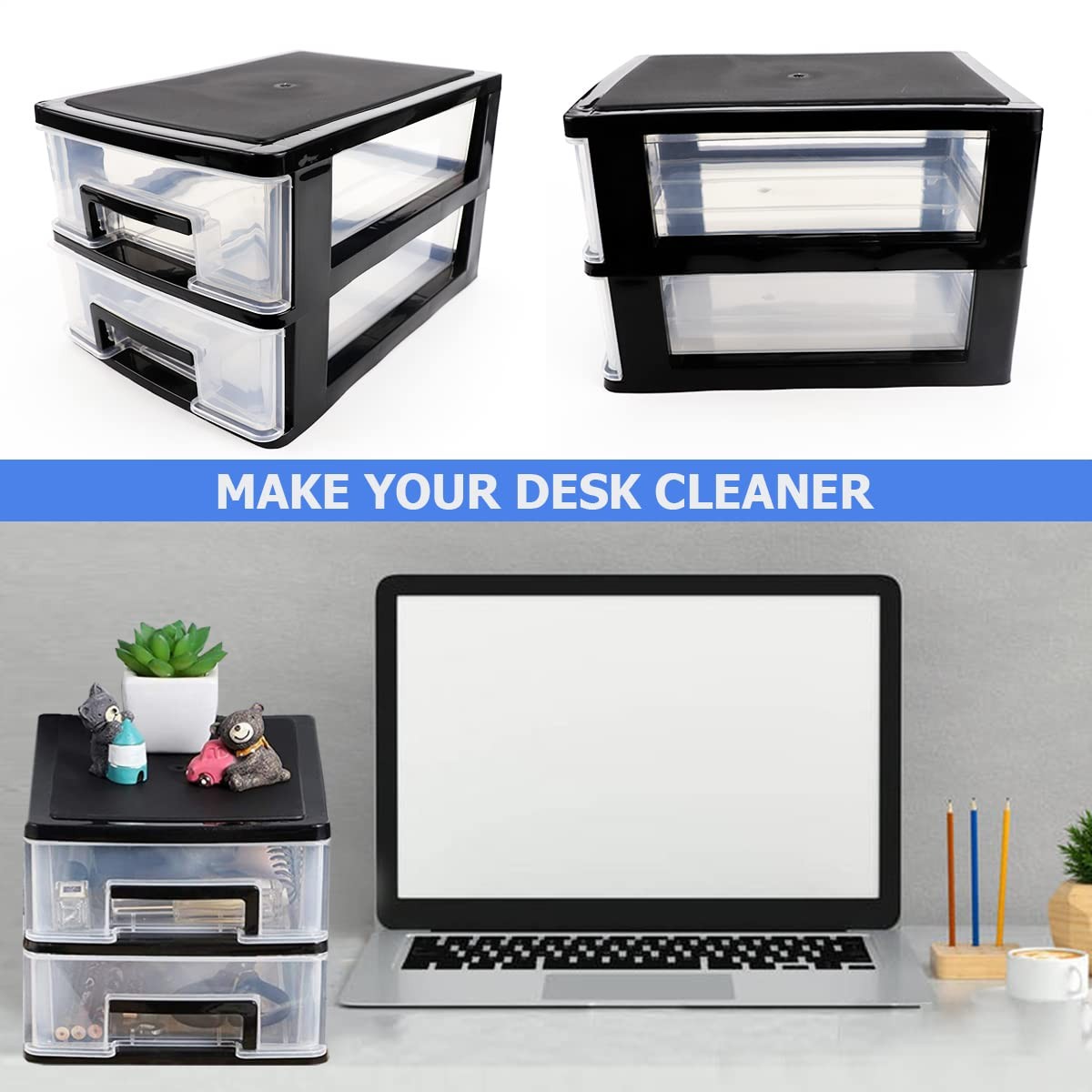 2 Tier Plastic Drawer Organizer Storage Box for Desk, Size 1, black