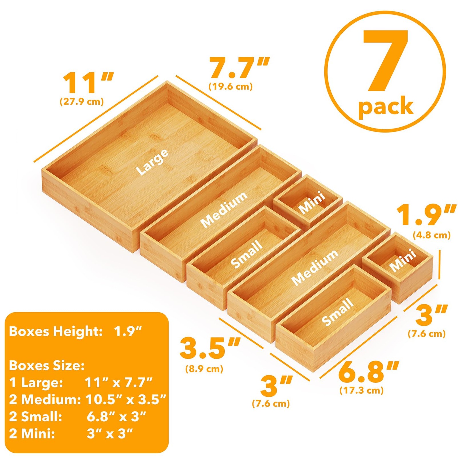 SpaceAid 7-Piece Bamboo Drawer Organizer Storage Boxes Set, 7-Piece, Natural