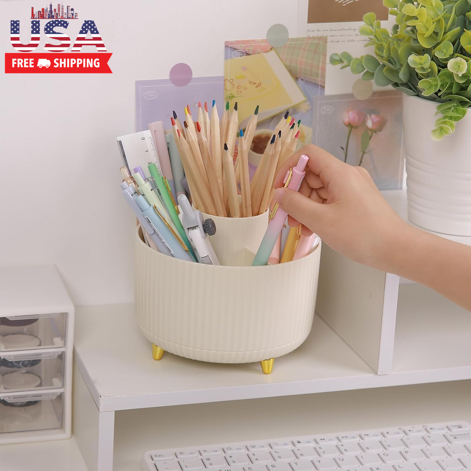 360 Rotating Plastic Desk Pen Organizer with 5 Slots, Dual-Purpose Art Supply Pe