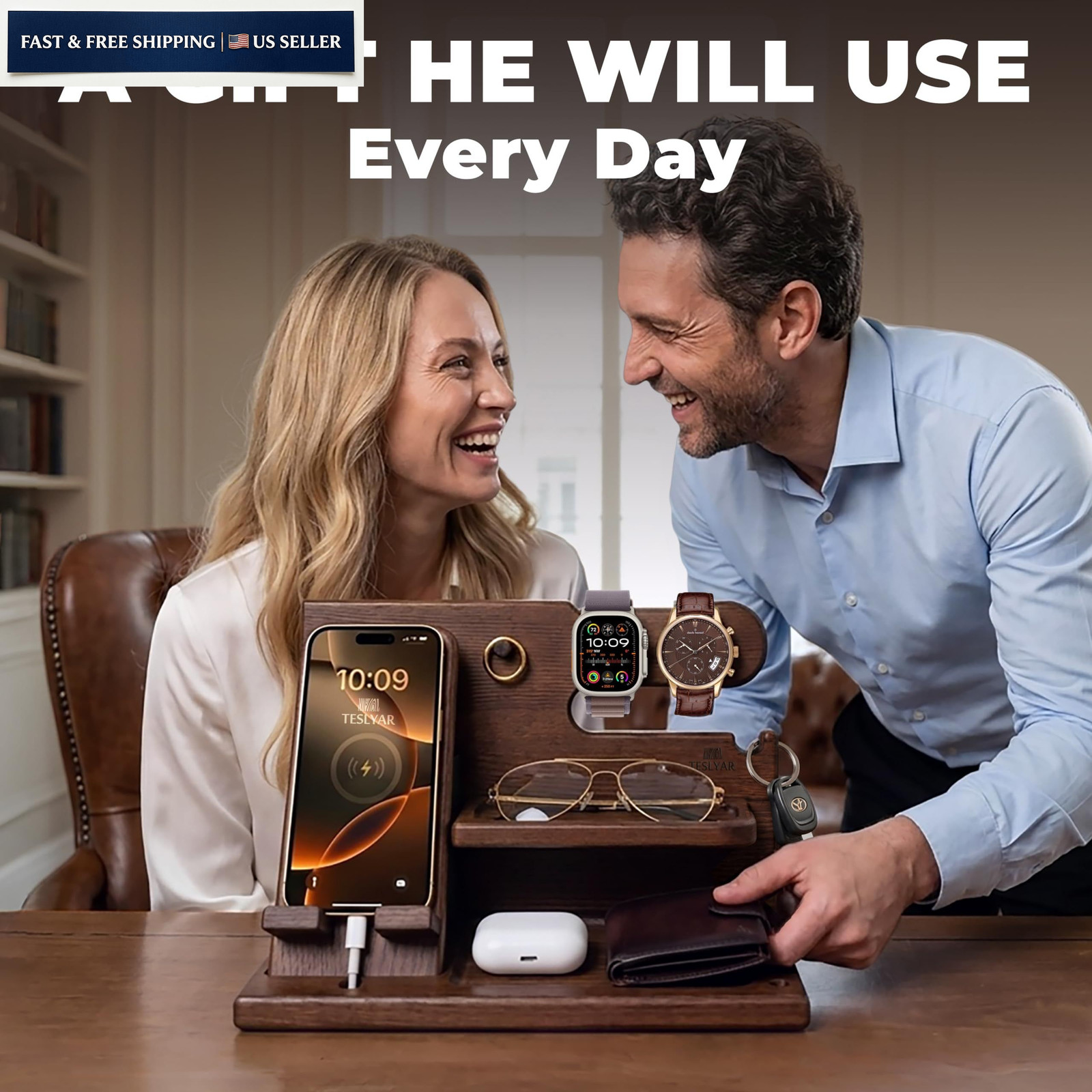 TESLYAR Wood Phone Docking Station for Men – Desk or Nightstand Bourbon Brown