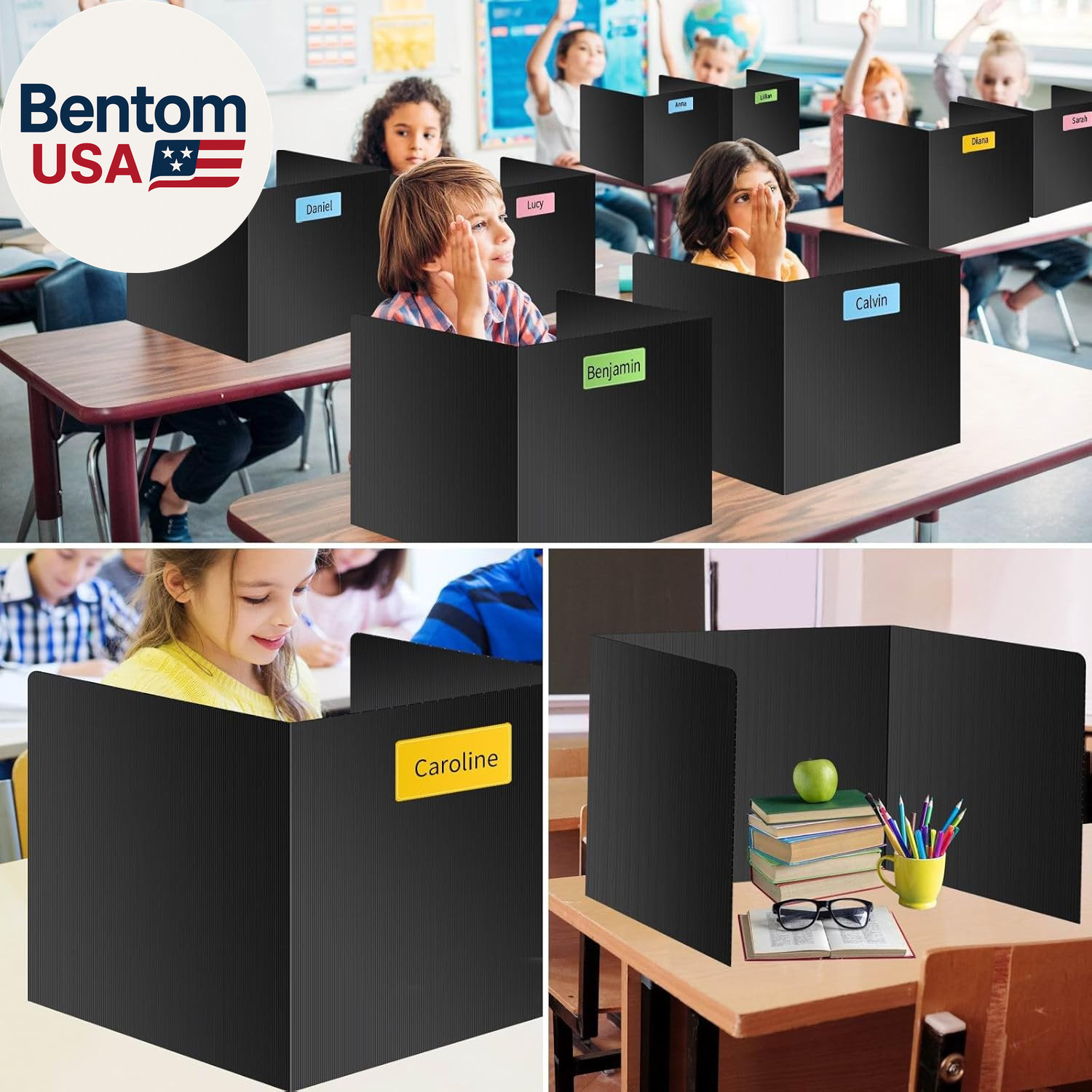 Black 24-Pack Desk Dividers for Students, Waterproof Durable Plastic Study Carre