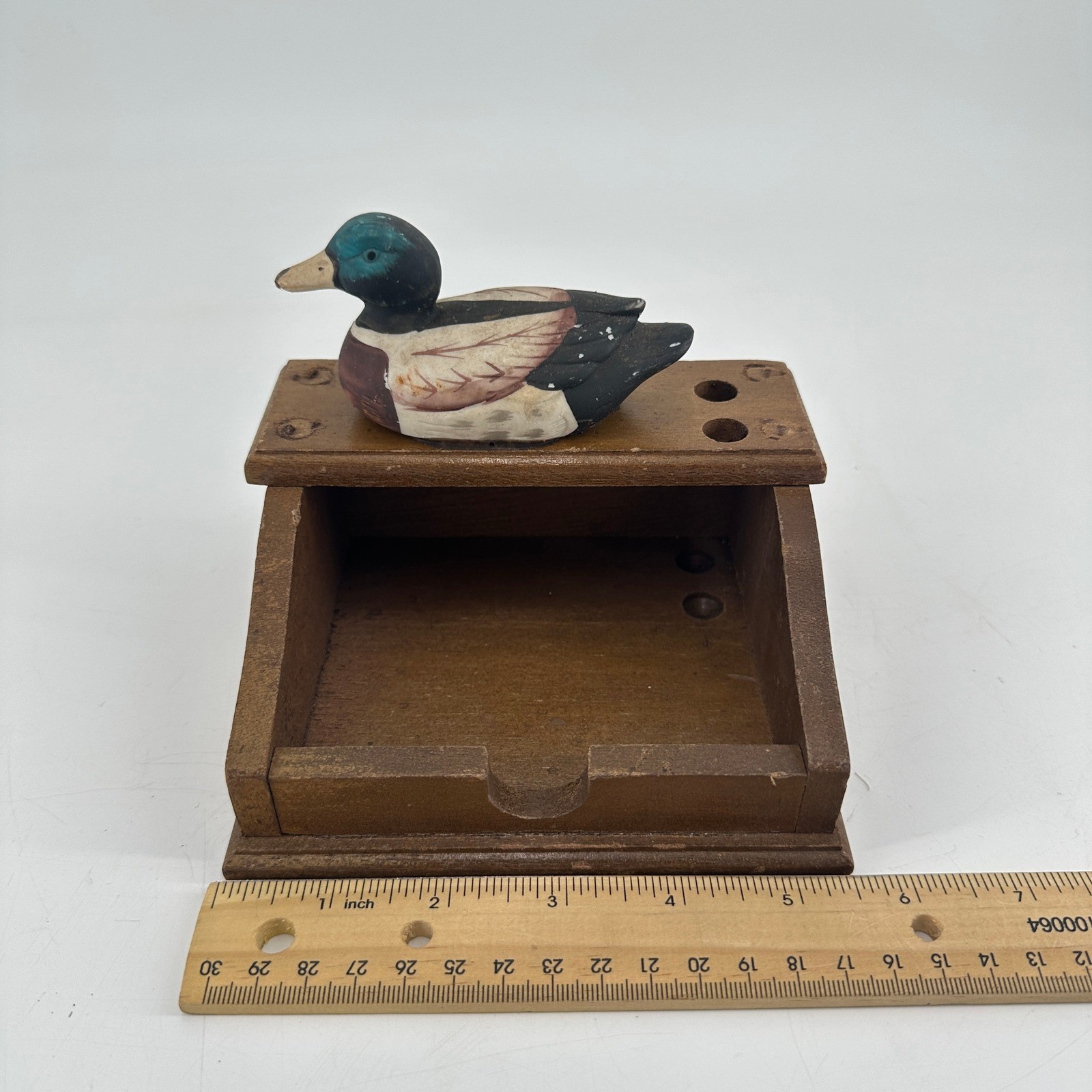 Vintage Wooden Mallard Duck Desk Organizer Pen Holder Sticky Note Caddy Rustic